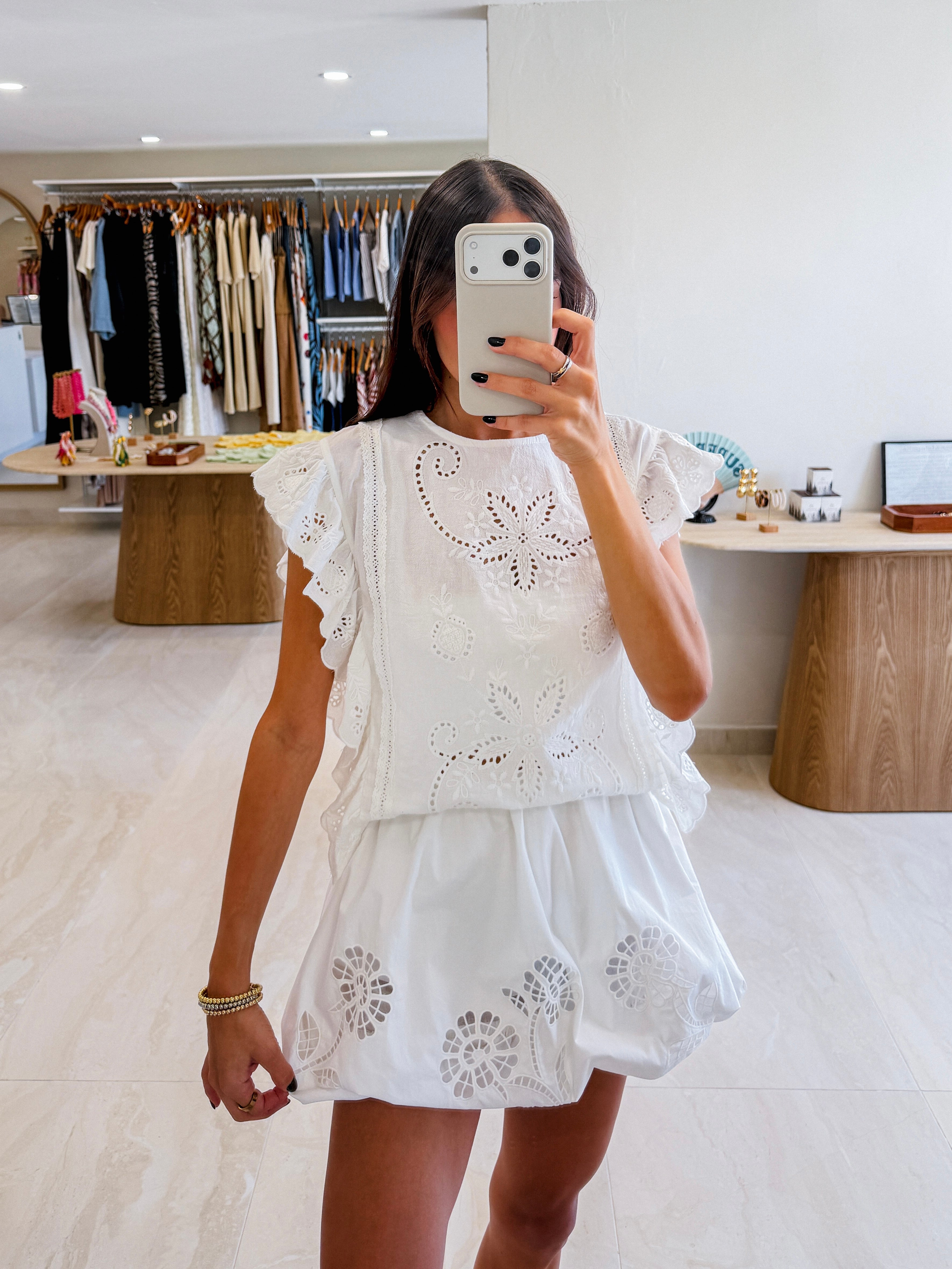 ALISSON WHITE BUBBLE EMBROIDERY SKIRT