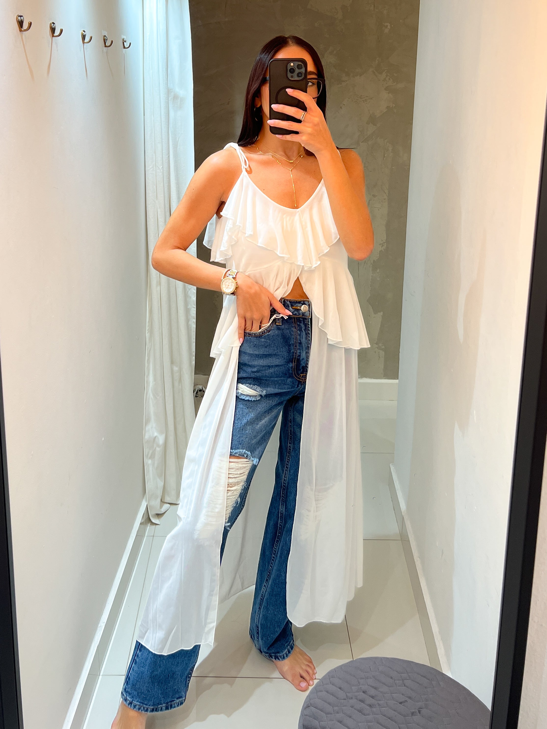 TAMARA MESH RUFFLED BLOUSE IN WHITE