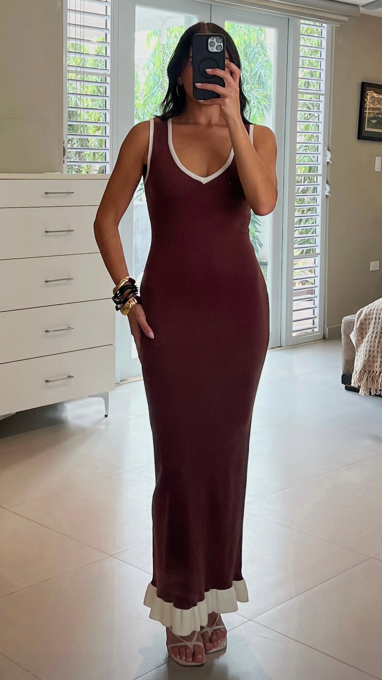MARCIA KNIT HEM CHOCOLATE BROWN MAXI DRESS