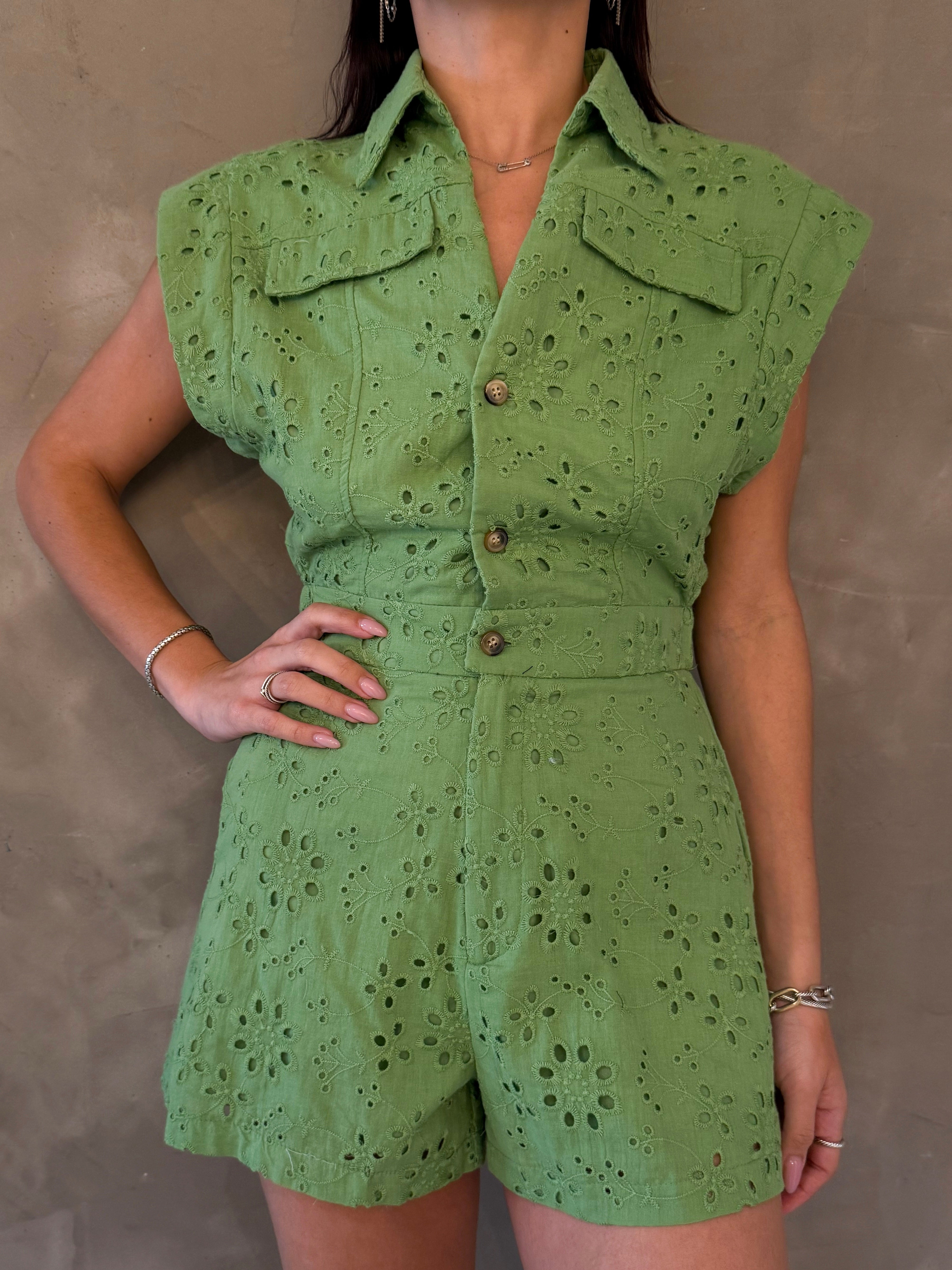 LILLY EYELET ROMPER IN GREEN