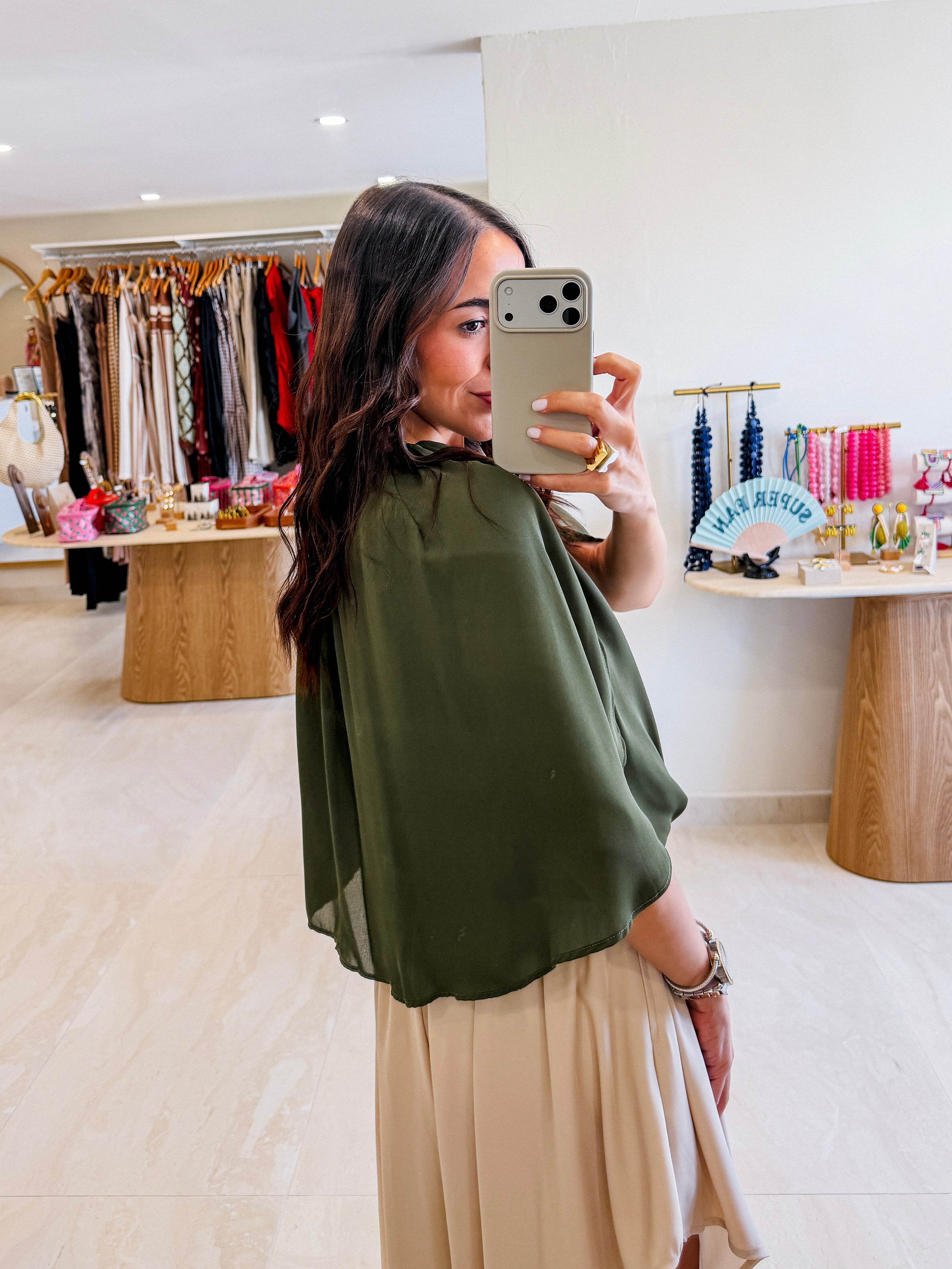 ELISA OLIVE GREEN CAPE BLOUSE