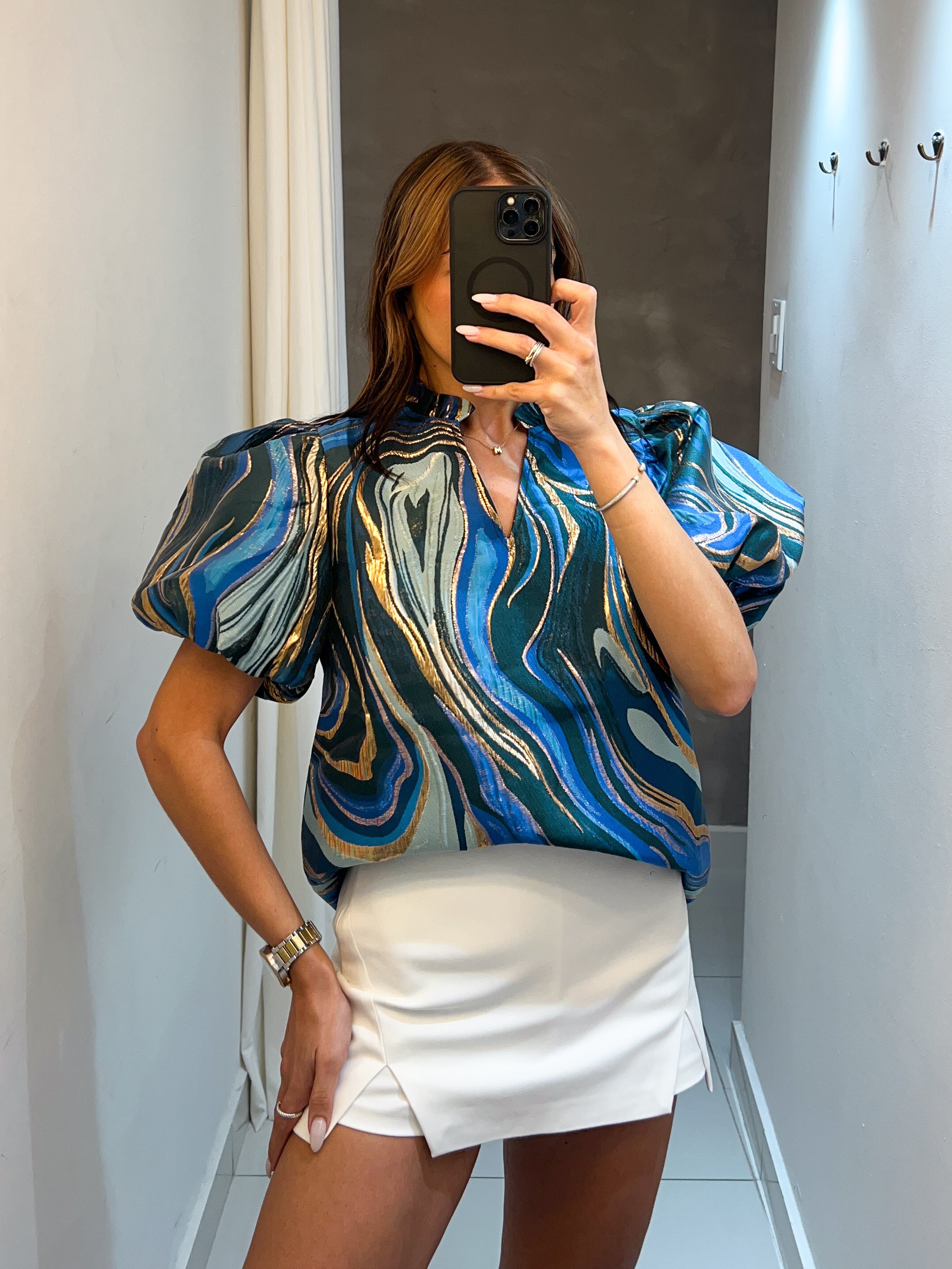 MARIA ANDREA PUFF SLEEVE BLUE PRINT BLOUSE