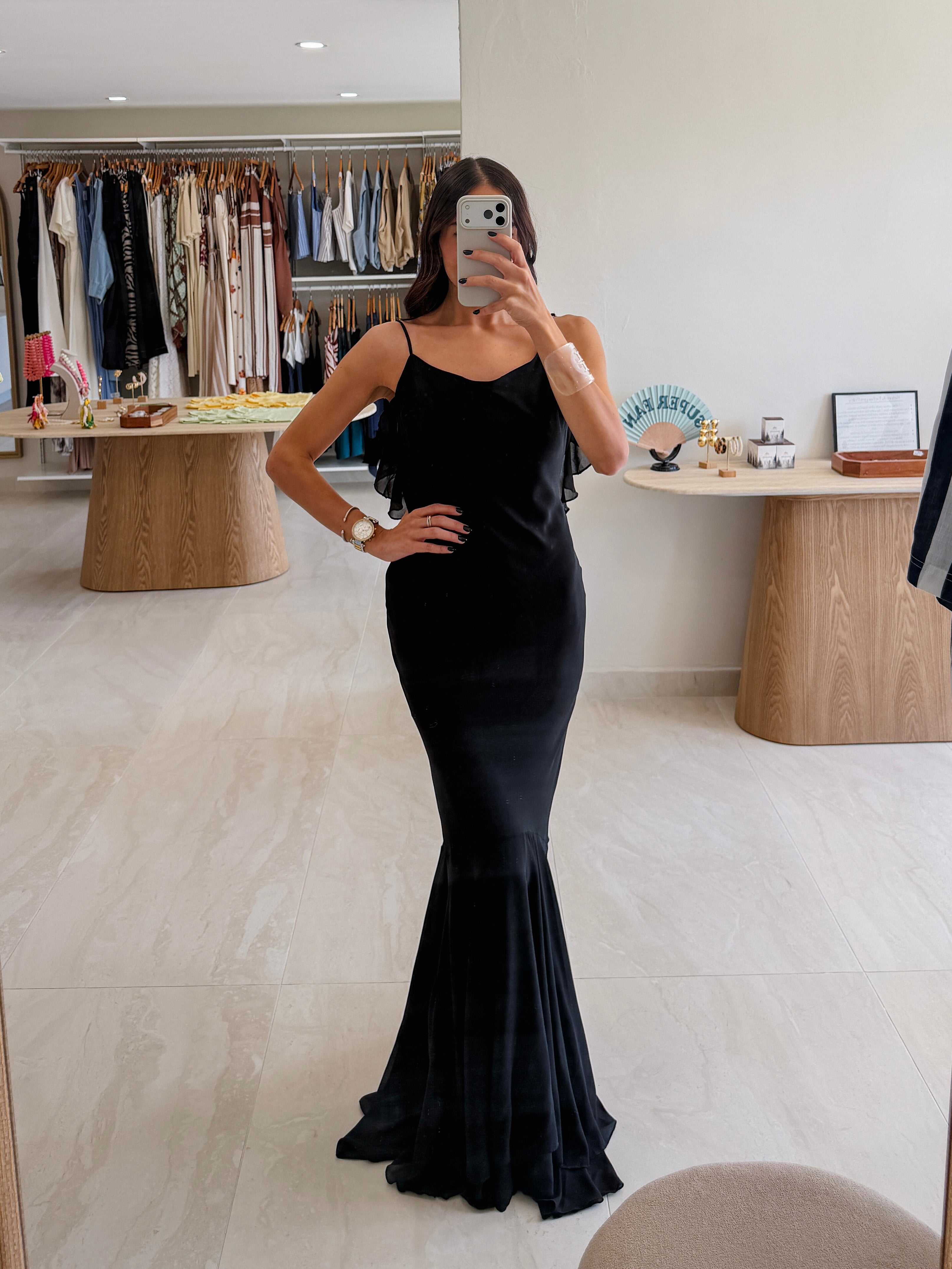 LILITH RUFFLE LOW BACK BLACK MAXI DRESS