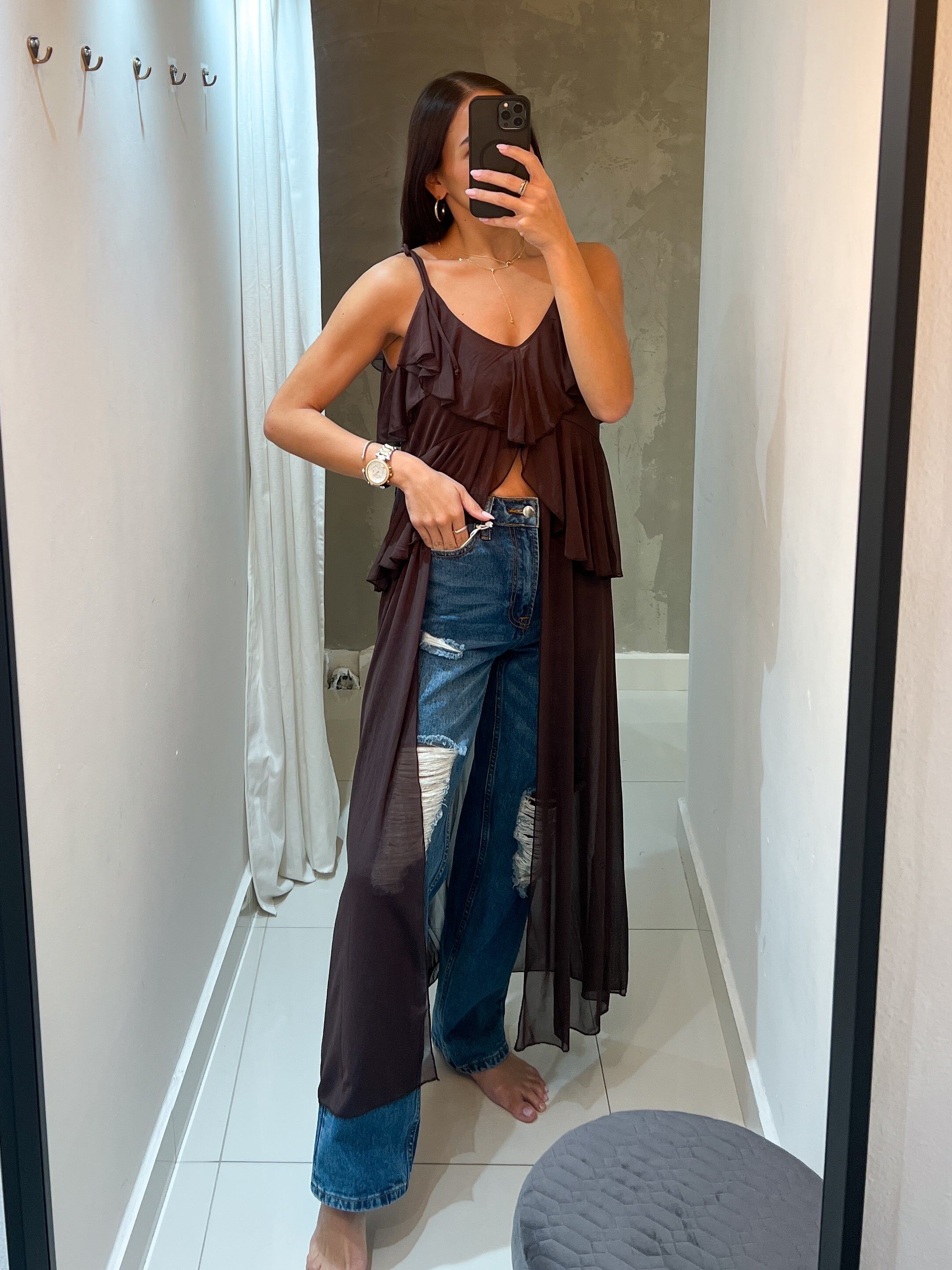 TAMARA MESH RUFFLED BLOUSE IN BROWN