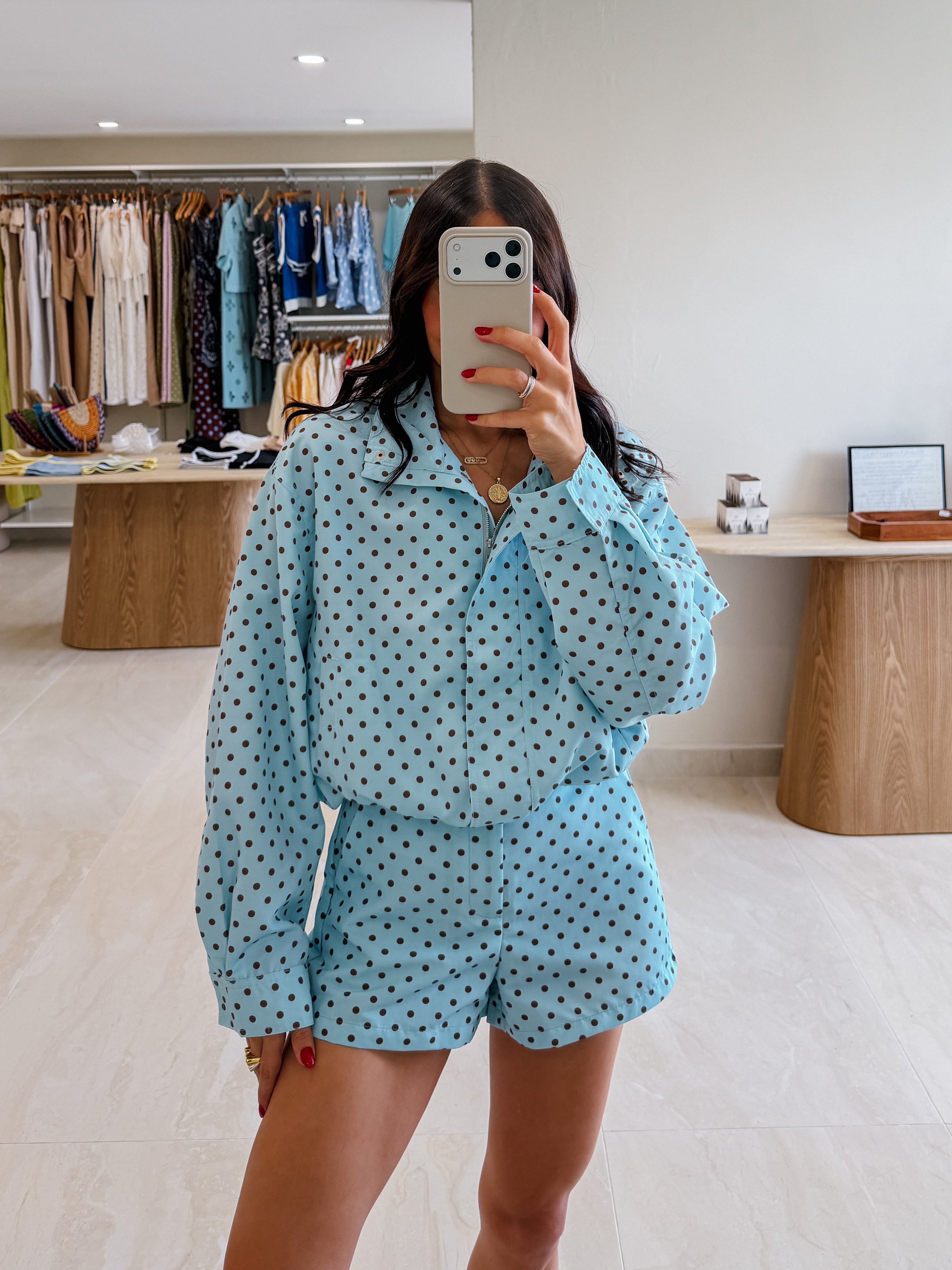 BILLIE ICE BLUE POLKA DOT SET WITH BROWN POLKA DOTS