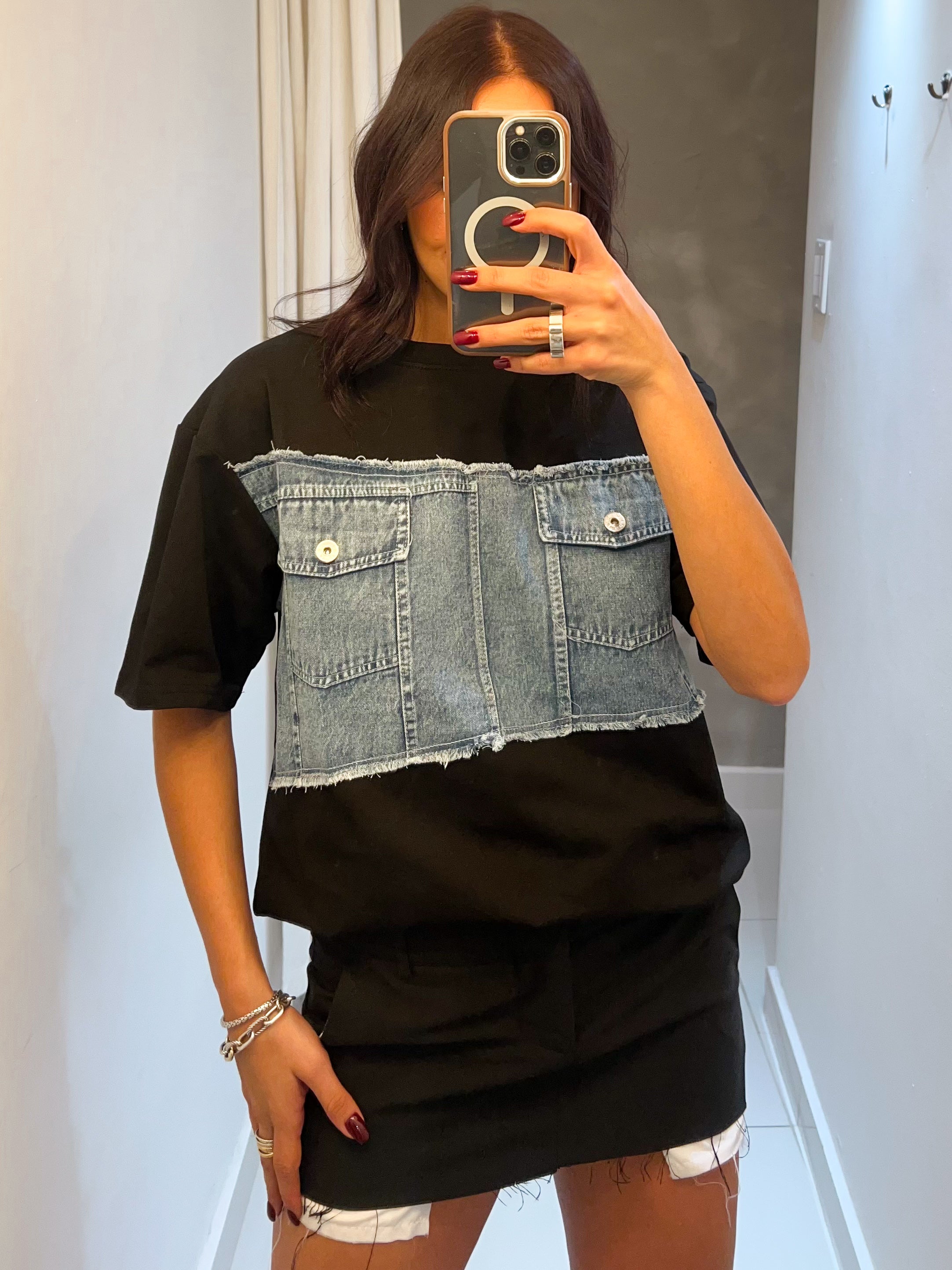 LIV DENIM PATCHWORK OVERSIZED TEE