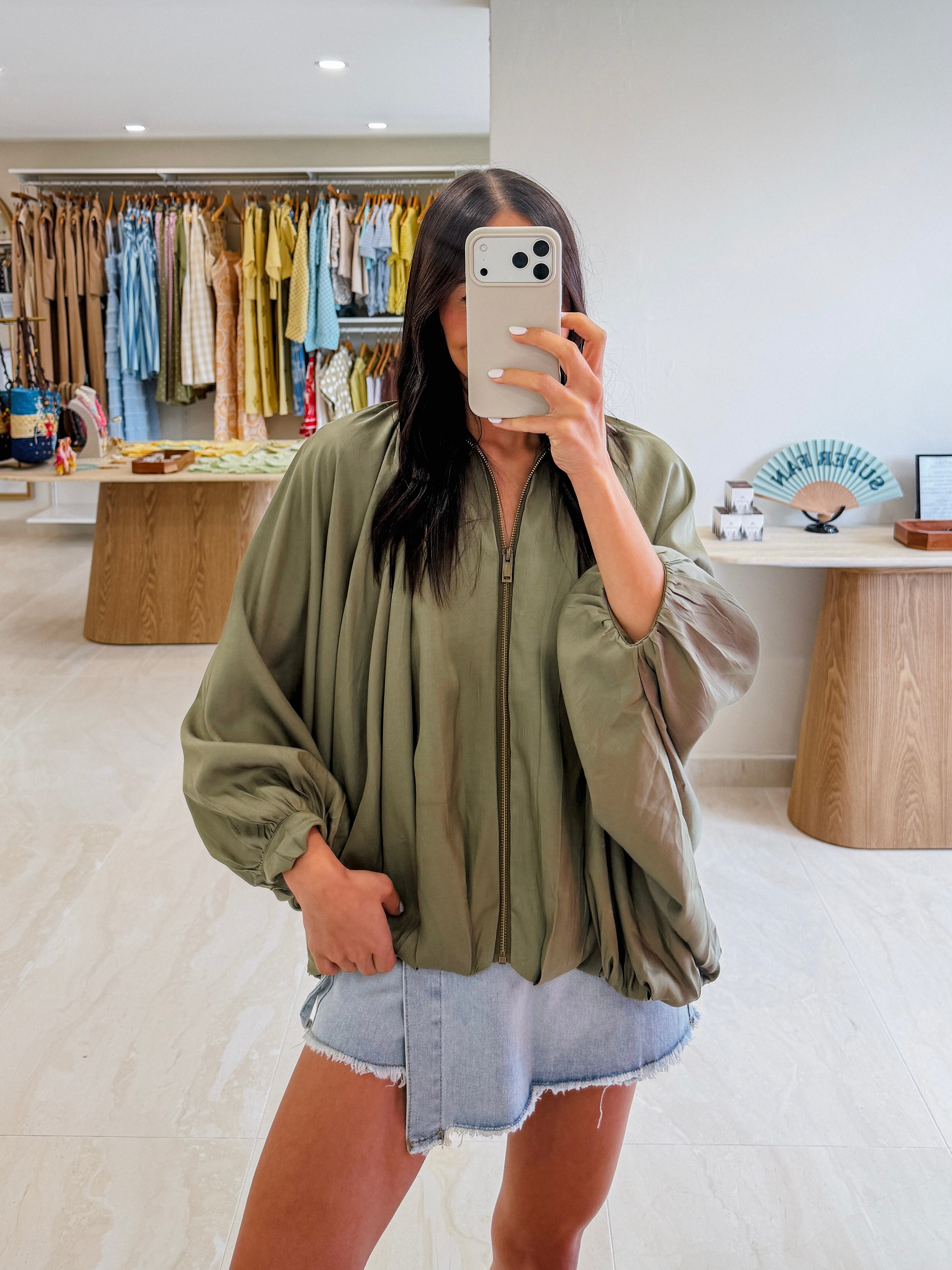 TAMARA OLIVE BUBBLE LONG SLEEVE BLOUSE