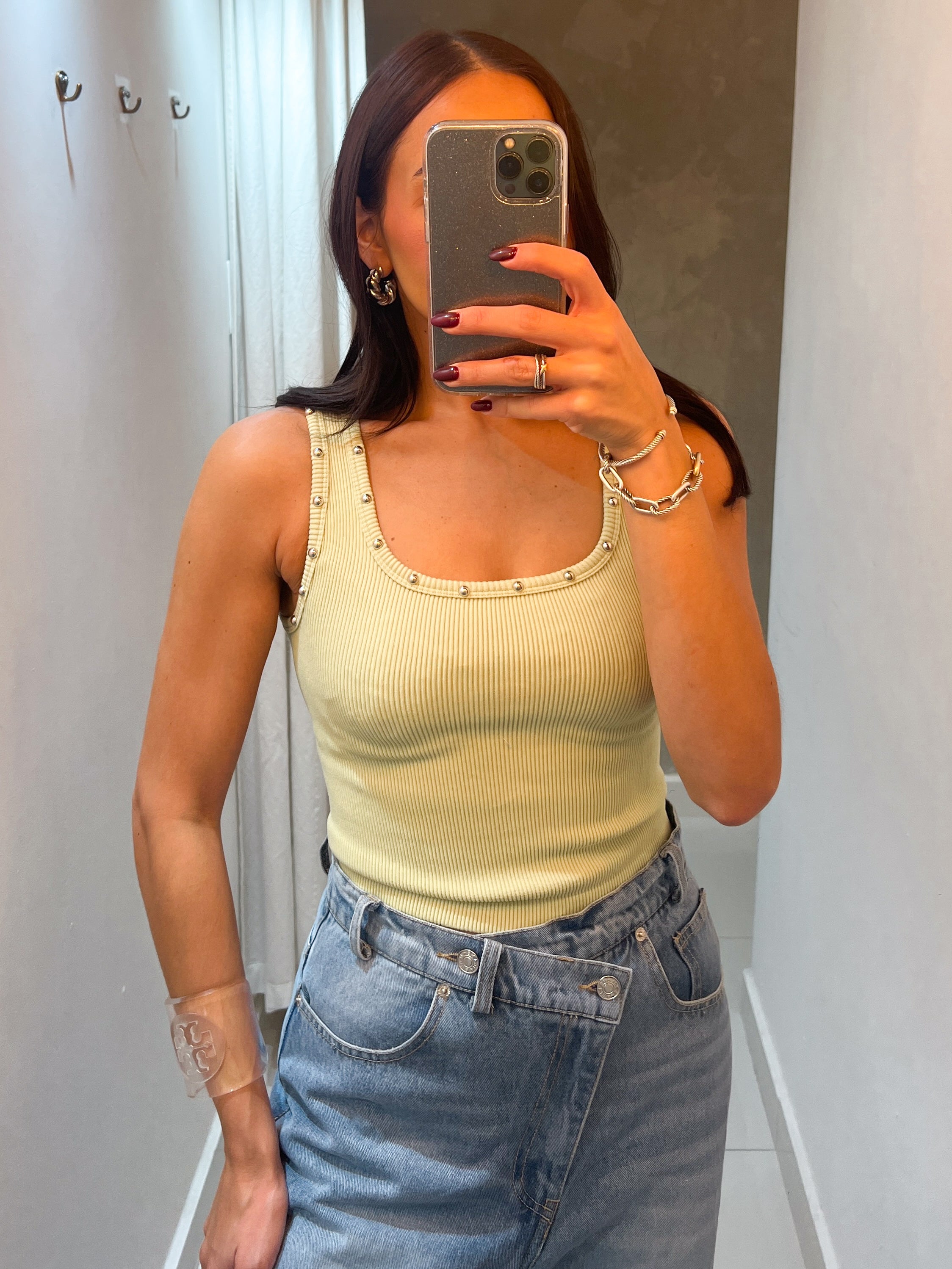 RIBBED STUDDED GREEN TANK TOP