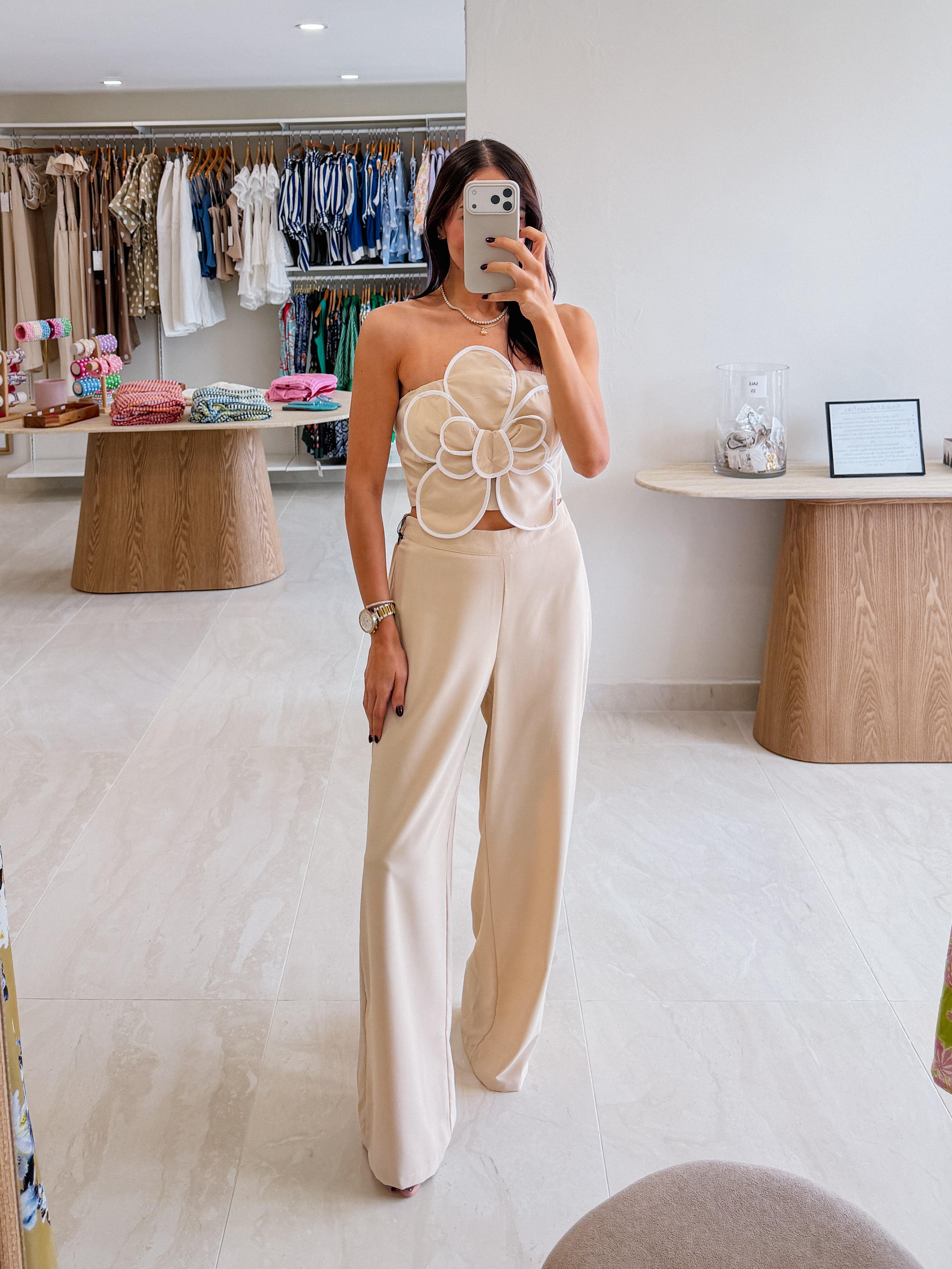 FLORA CONTRAST FLOWER TAUPE PANTS SET