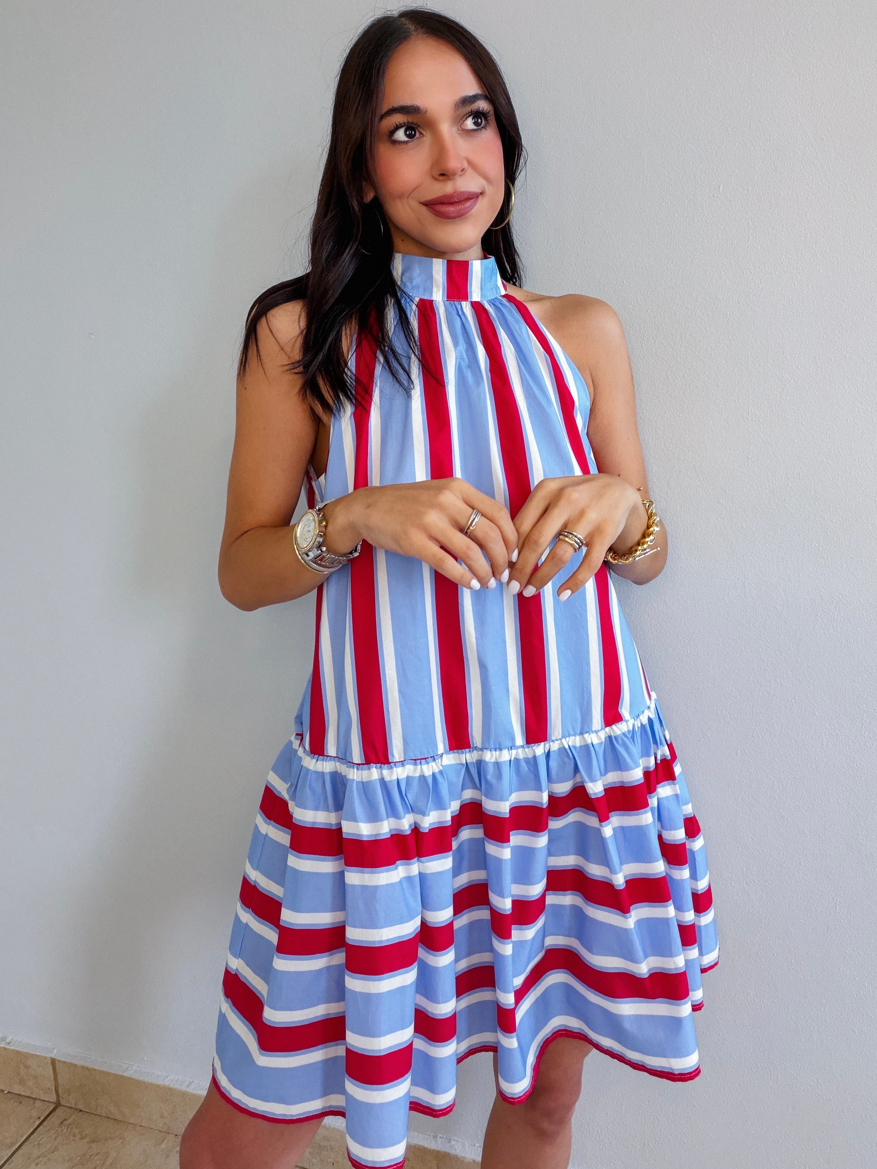 NATHALIE HALTER DRESS IN BLUE/RED