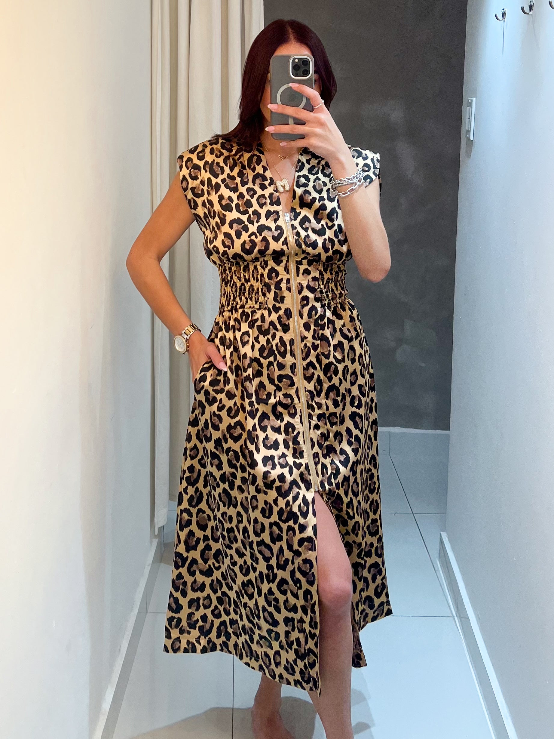 EMMA SMOCKED WAIST ANIMAL PRINT MIDI DRESS