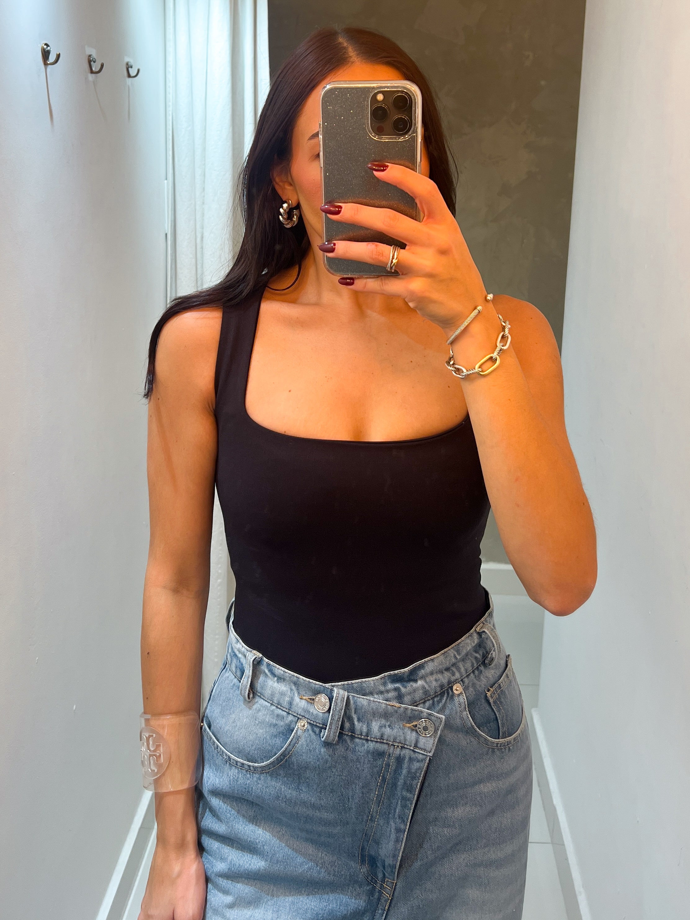 PATRICIA SQUARE NECK TANK BODYSUIT IN BLACK