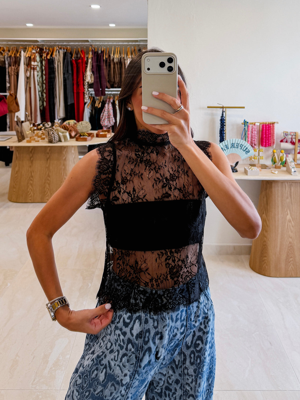 STEPHANIE BLACK LACE SHEER TOP