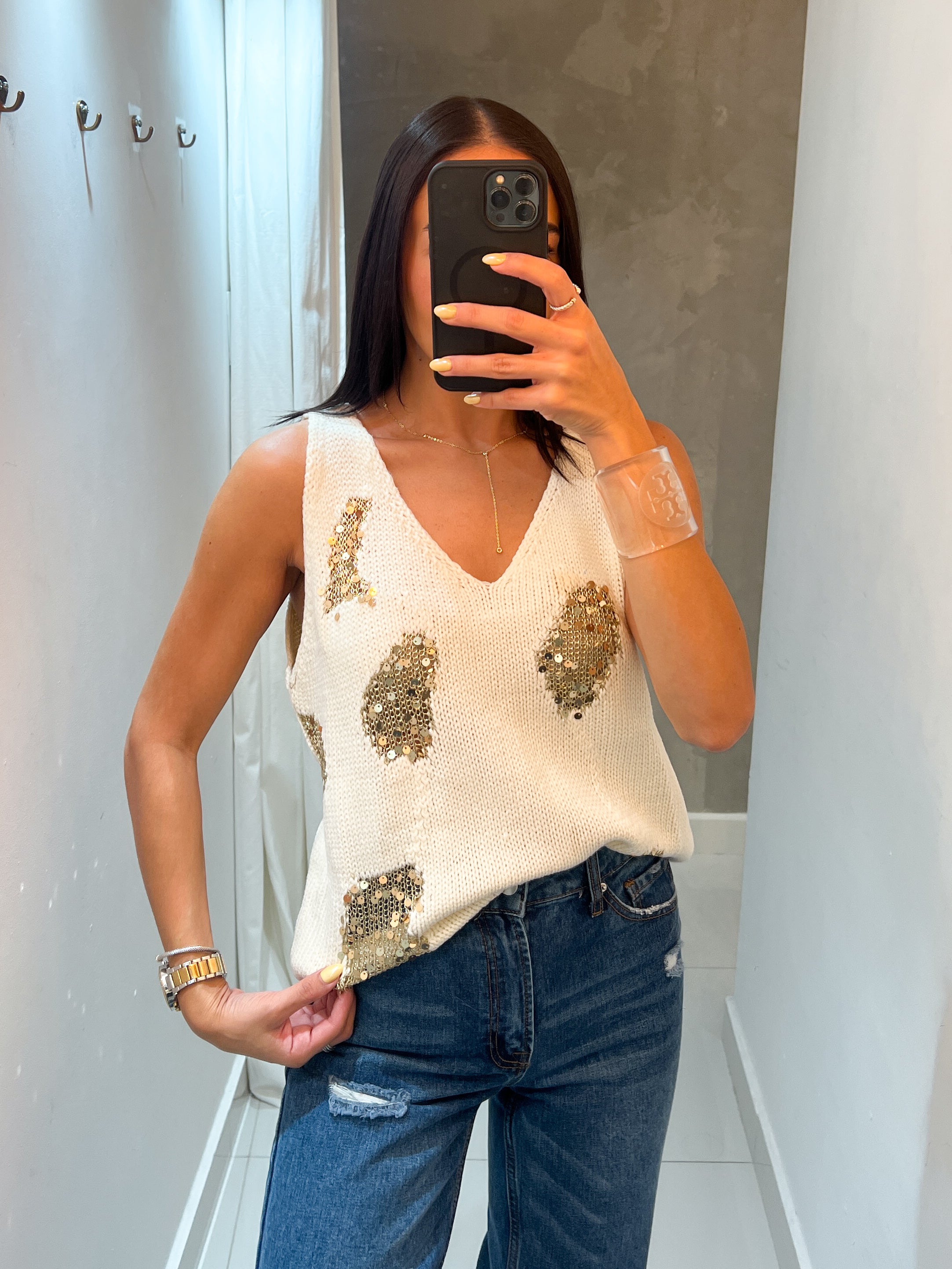 GLORI KNIT SEQUINS TOP IN IVORY