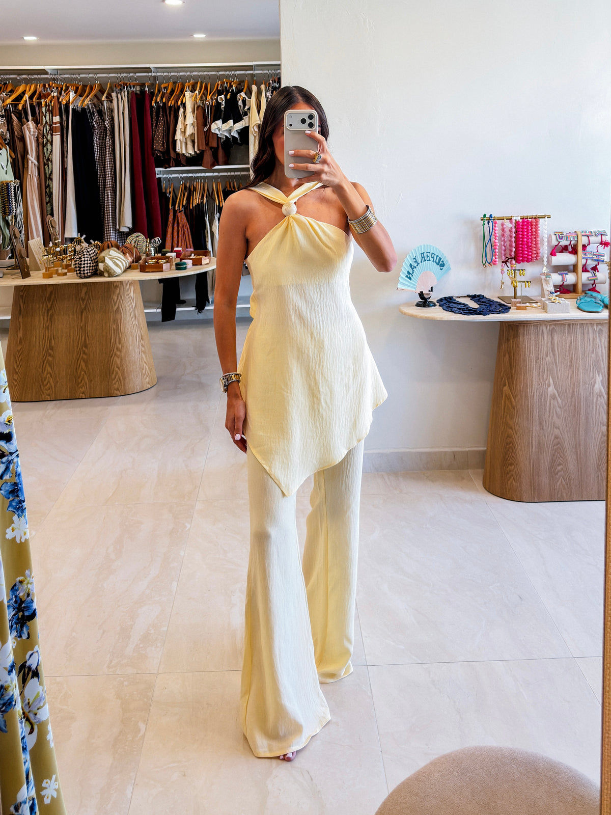 NICOLE BUTTER YELLOW STATEMENT NECK PANTS SET