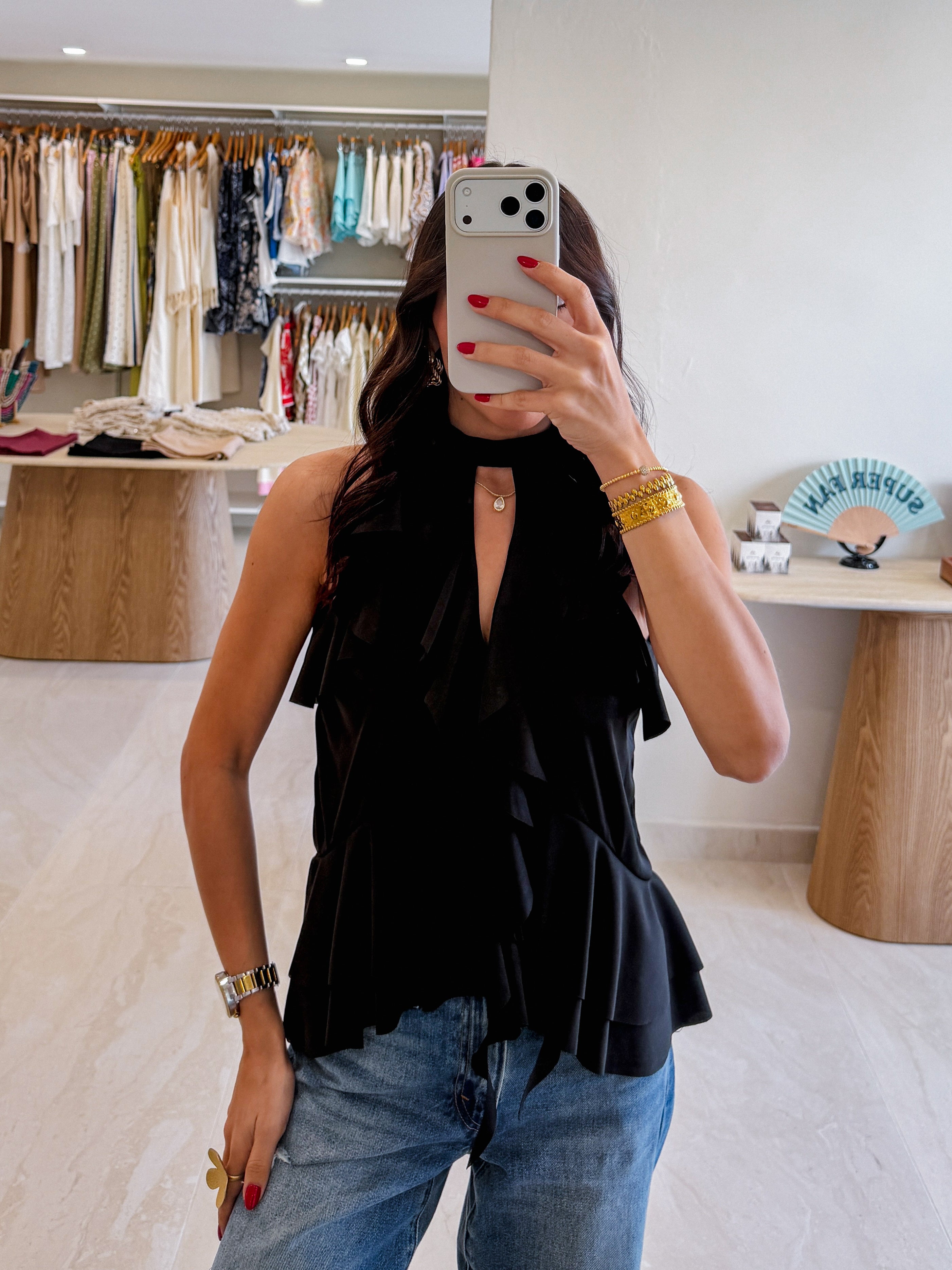CRISTINA BLACK RUFFLED BLOUSE