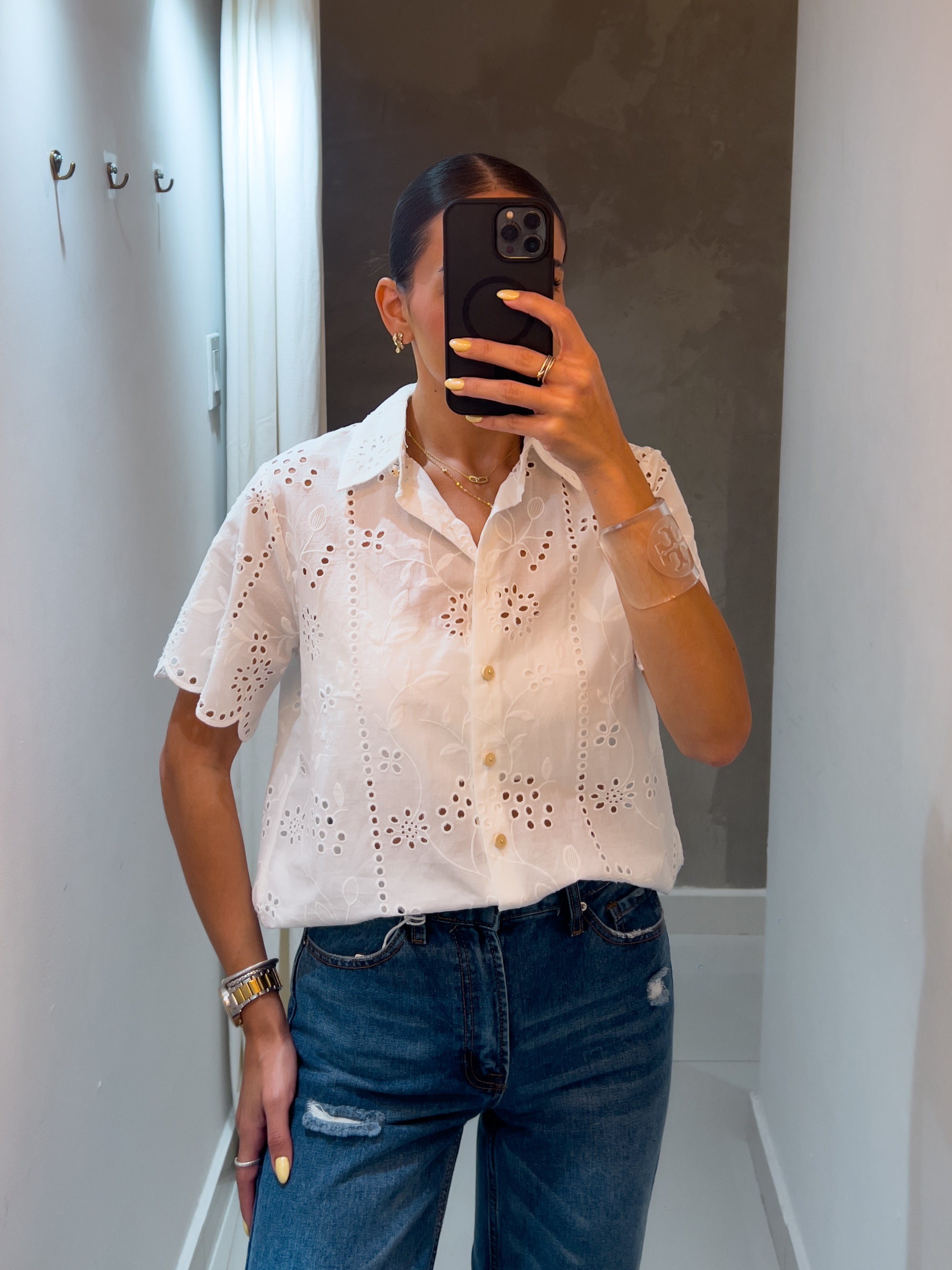 CHLOE EYELET BUTTON DOWN BLOUSE IN WHITE