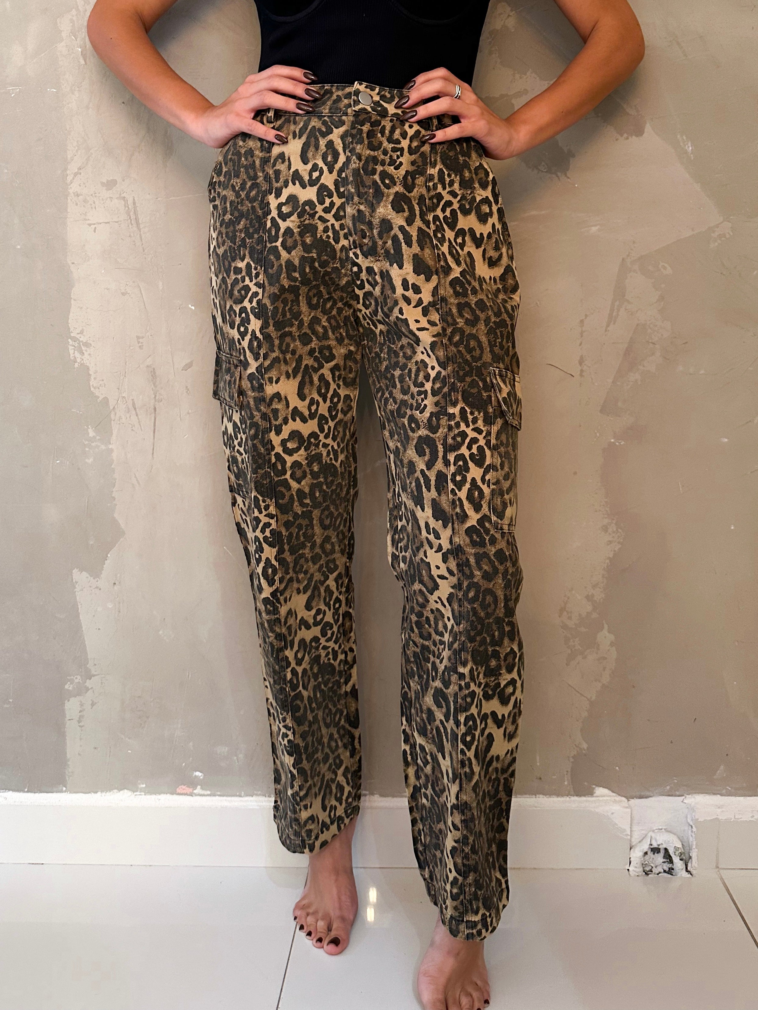 ANTONELLA WASHED LEOPARD DENIM CARGO JEAN