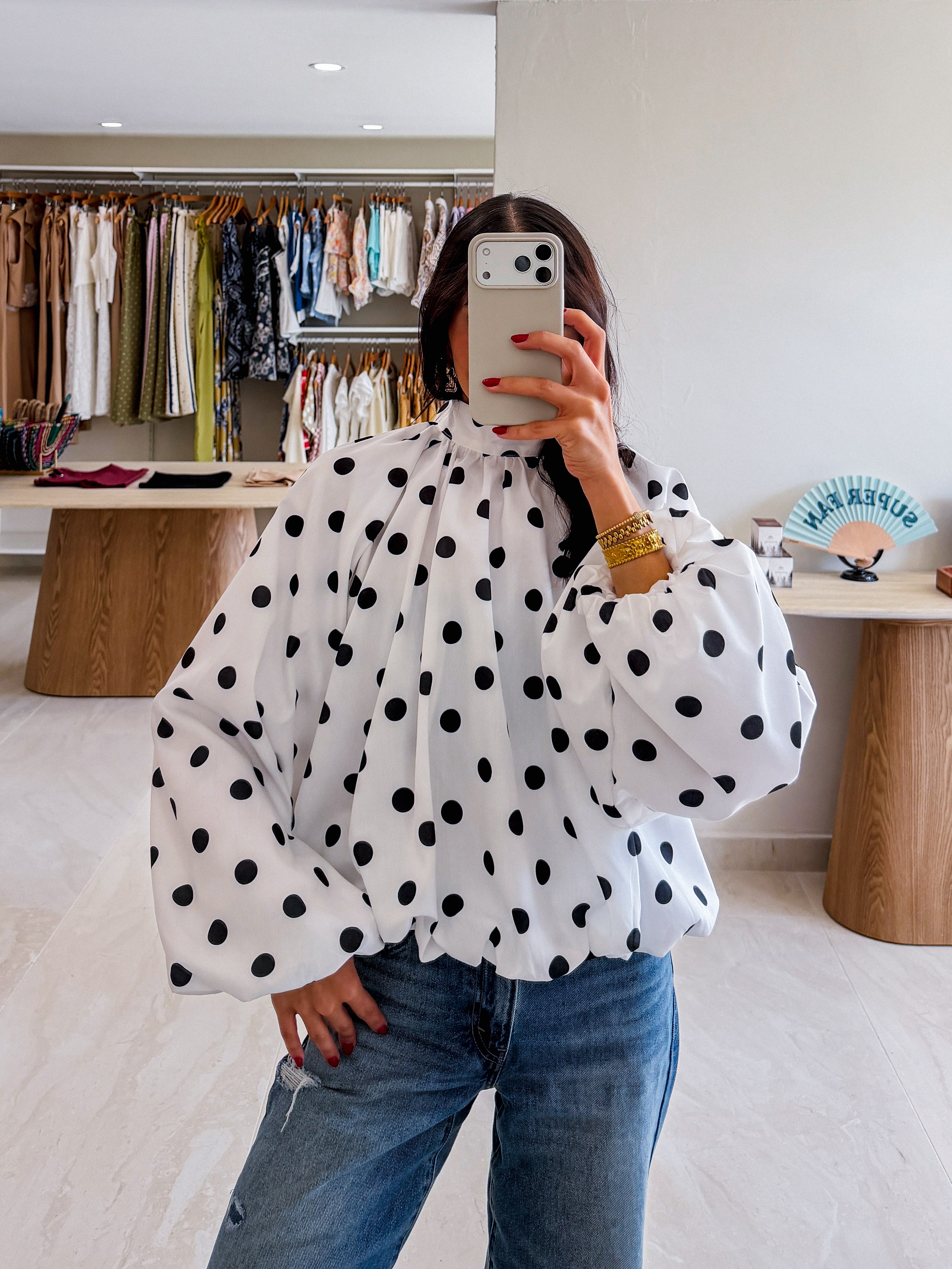LUCY WHITE/BLACK OPEN BACK POLKA DOT BLOUSE