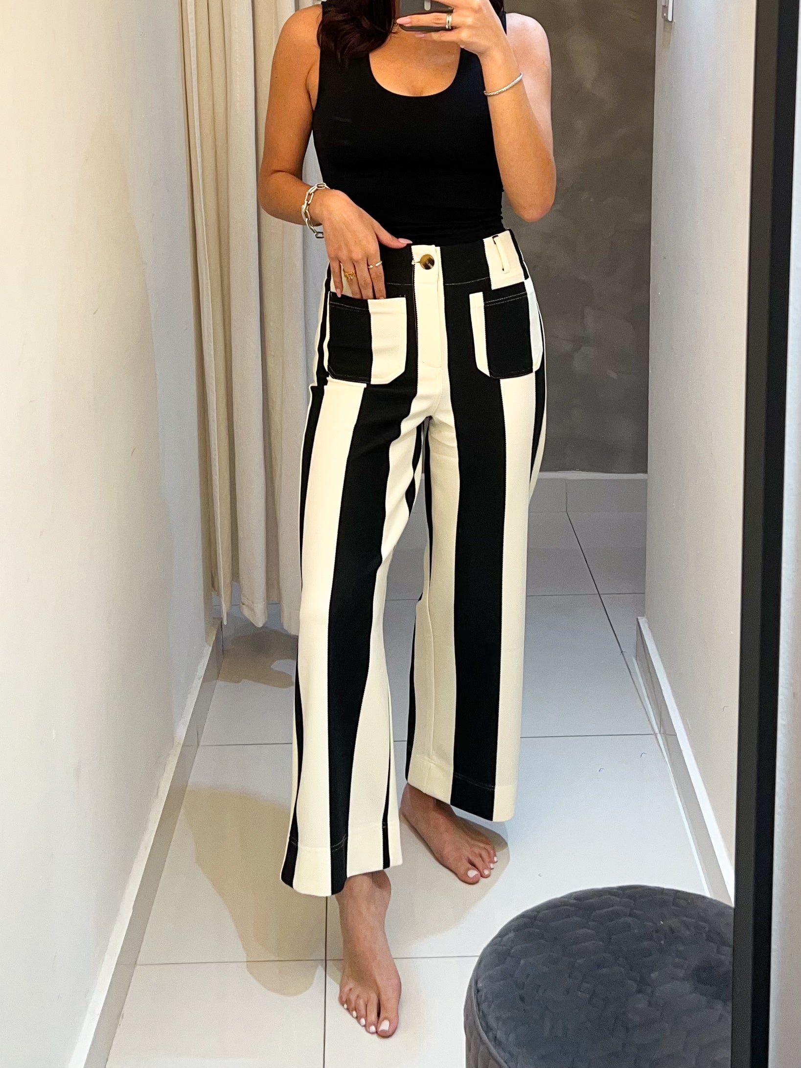 ANINA BLACK STRIPED CROPPED WIDE-LEG PANTS