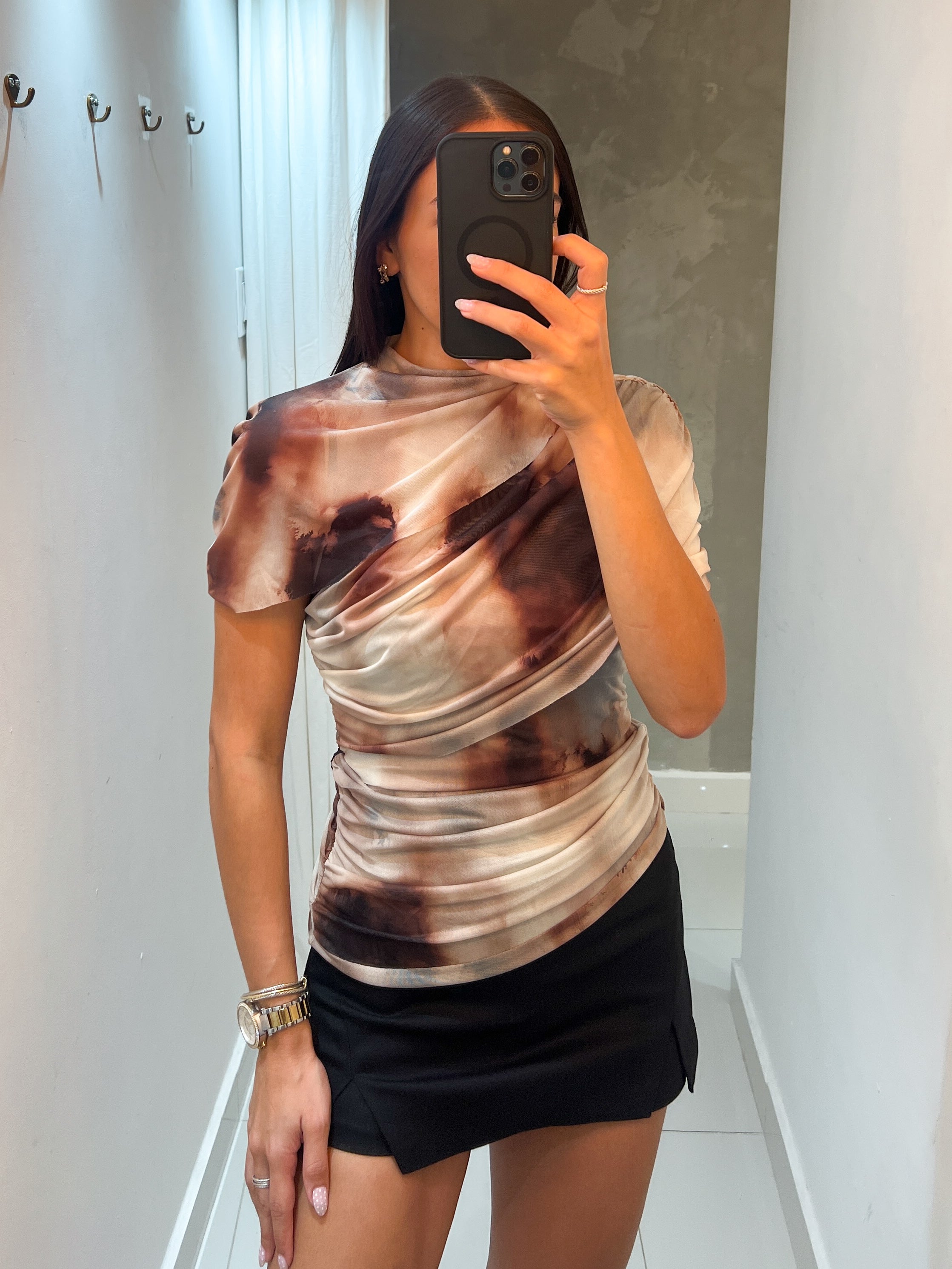 IVE BROWN MESH PRINT TOP