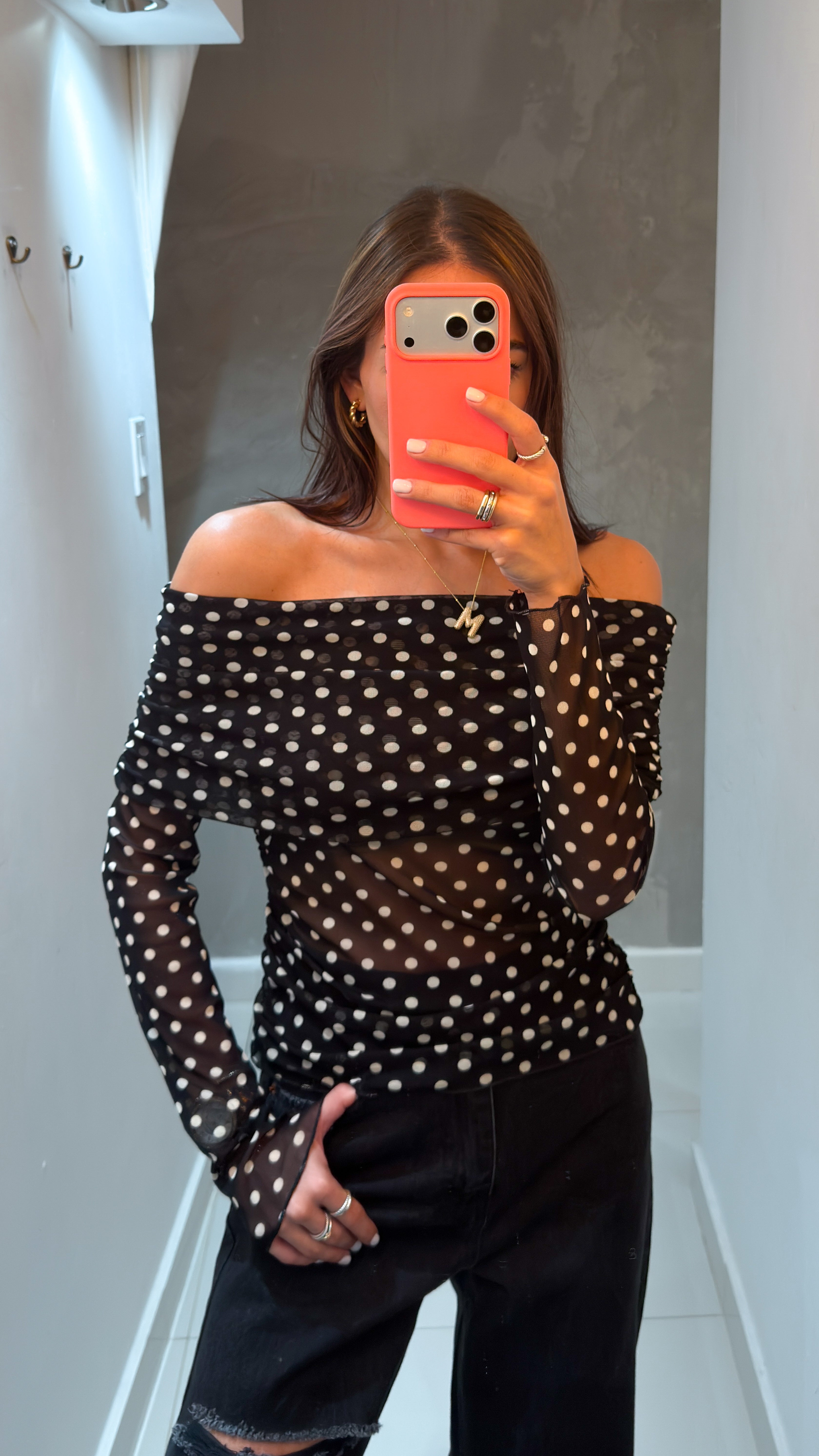 DANILLA POLKA DOT MESH LONG SLEEVE BLOUSE IN BLACK