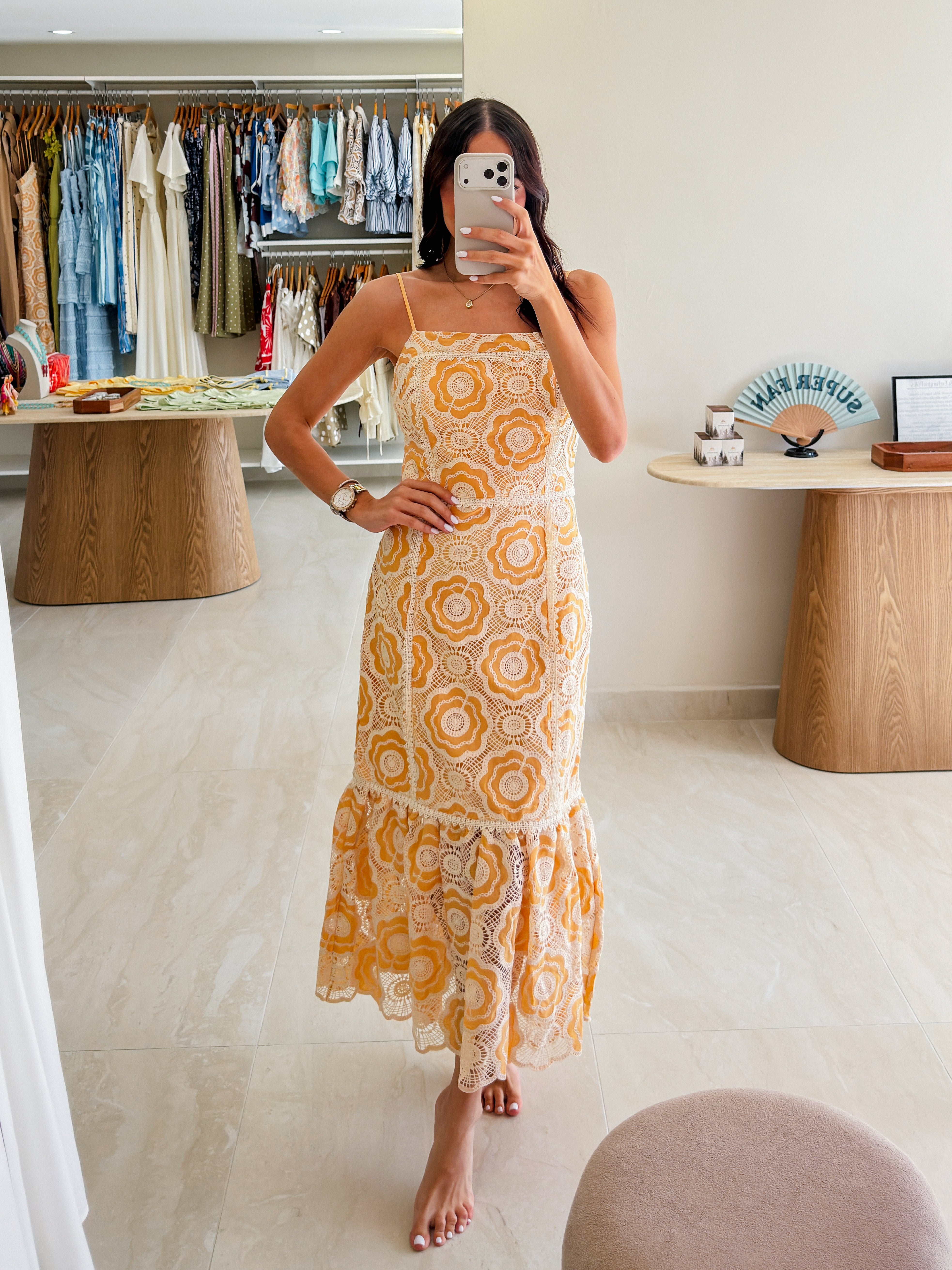 MUSTARD CROCHET SLEEVELESS MIDI DRESS