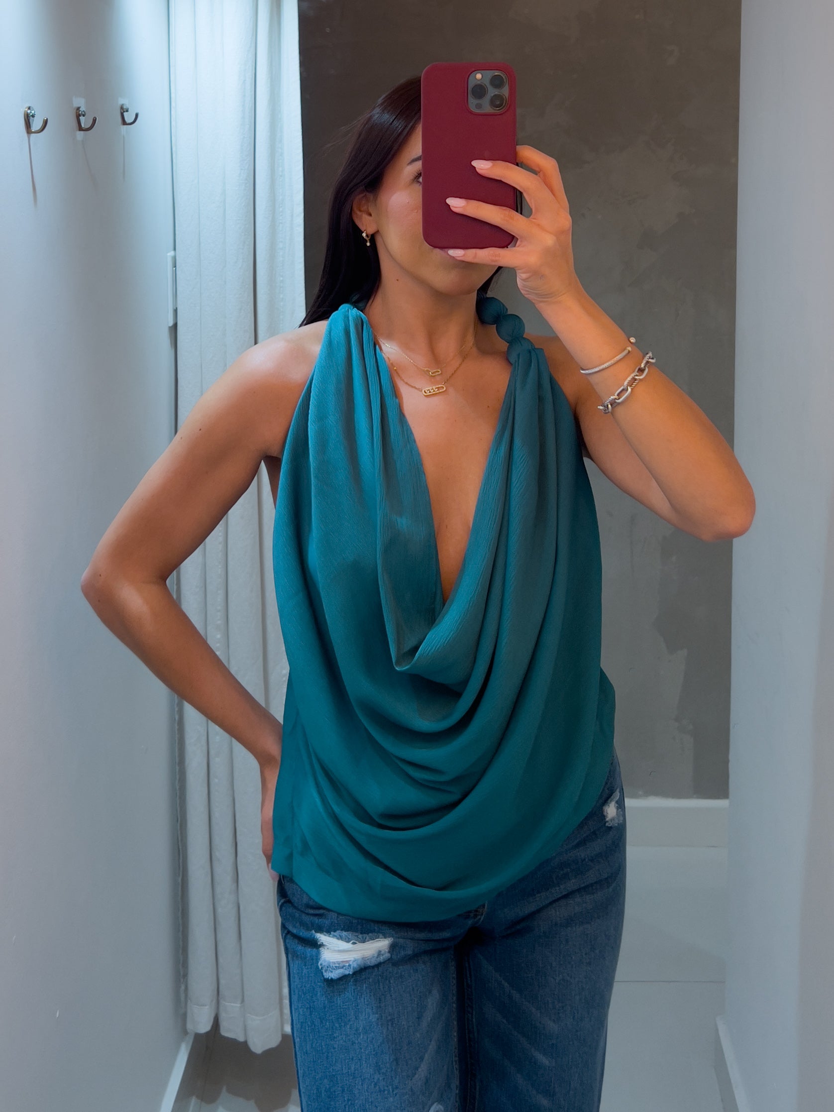 AURORA TEAL COWL NECK TOP