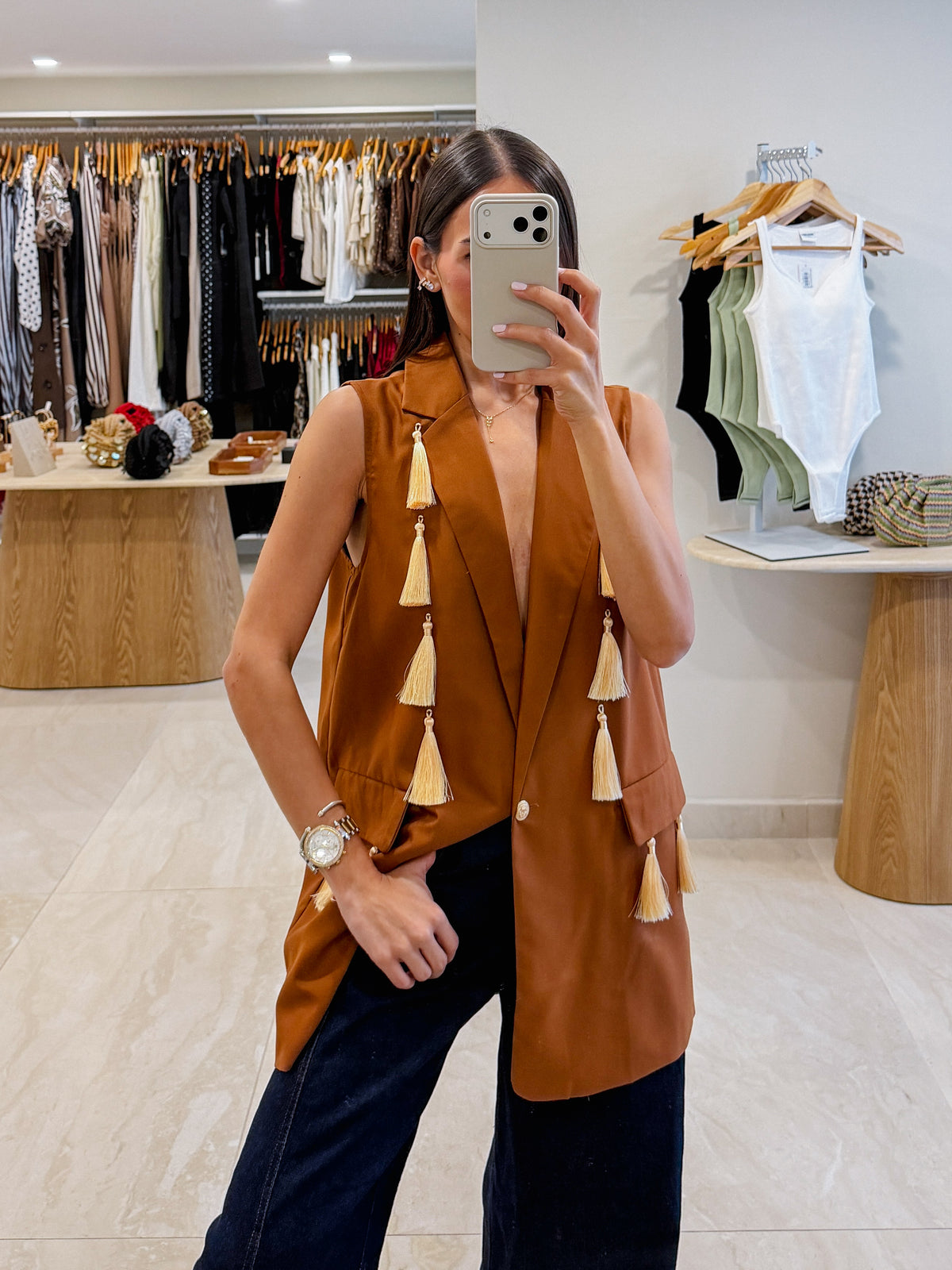 PALOMA BROWN TASSLED SLEEVELESS VEST