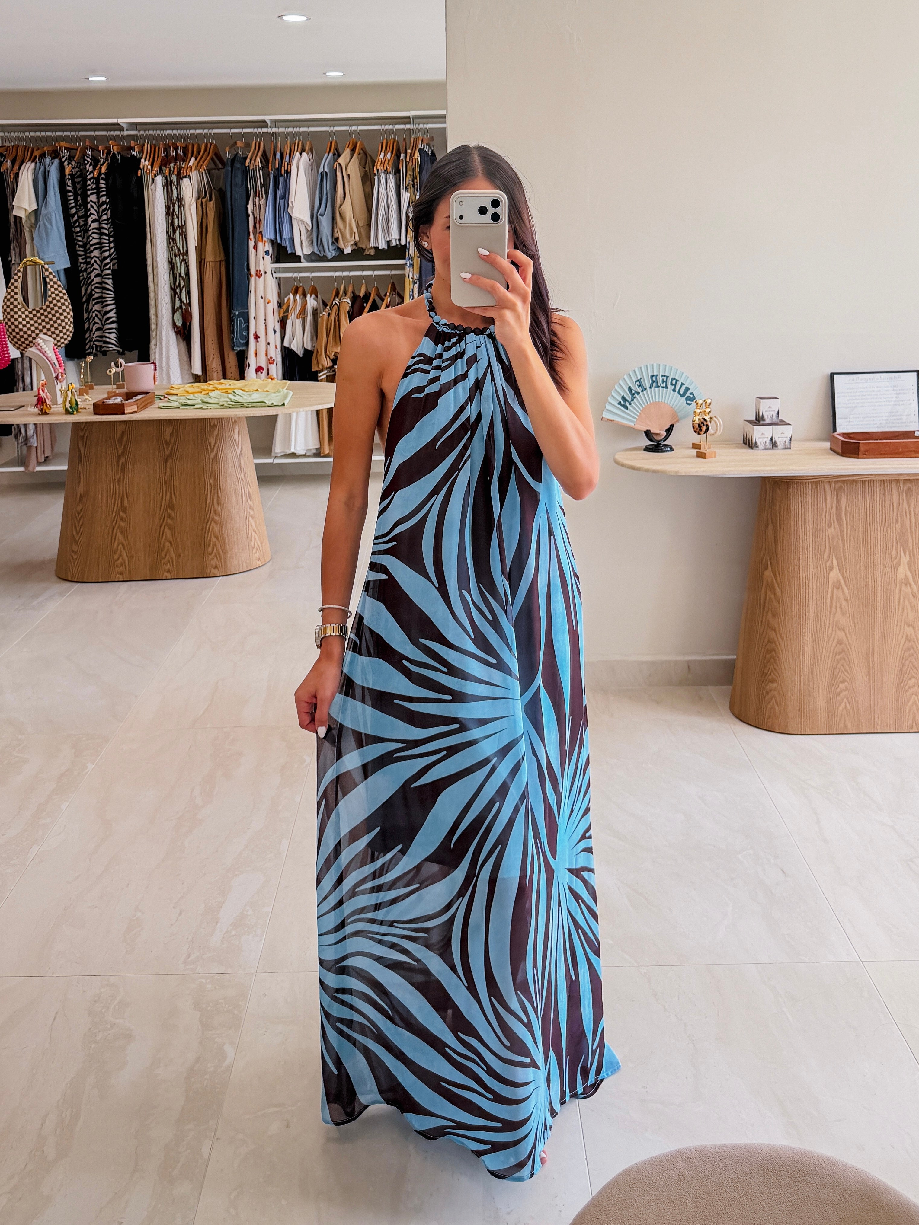 SELENA BLUE/BROWN PRINT MAXI WITH NECK DETAIL