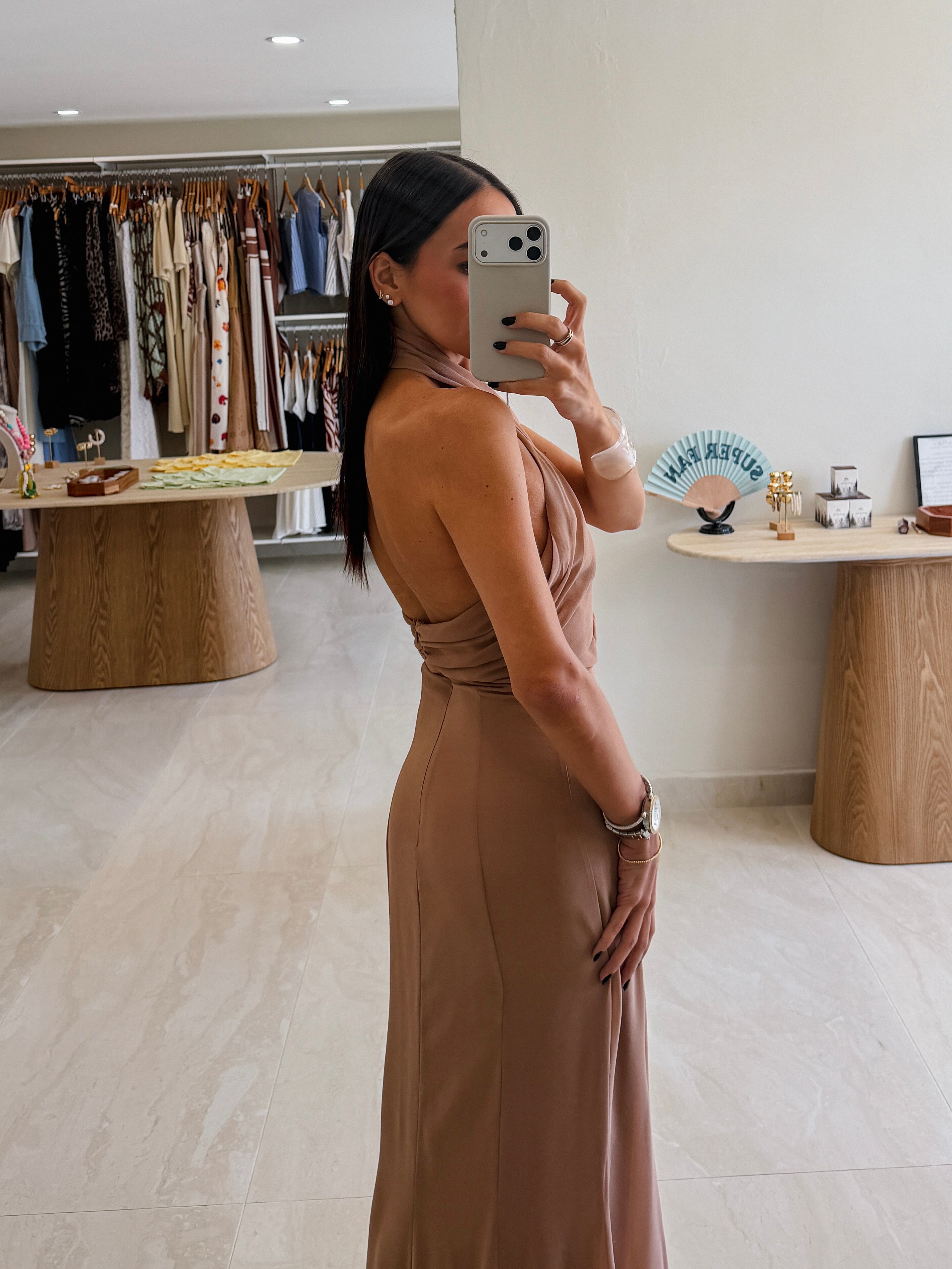CARLOTA TAUPE CHIFFON HALTER NECK DRESS