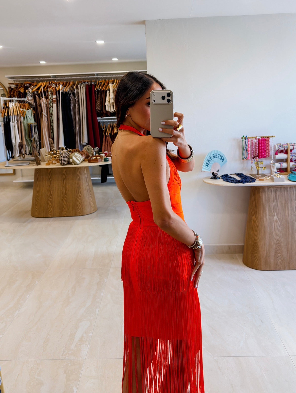 AVERY FRINGE ORANGE STATEMENT BANDAGE DRESS