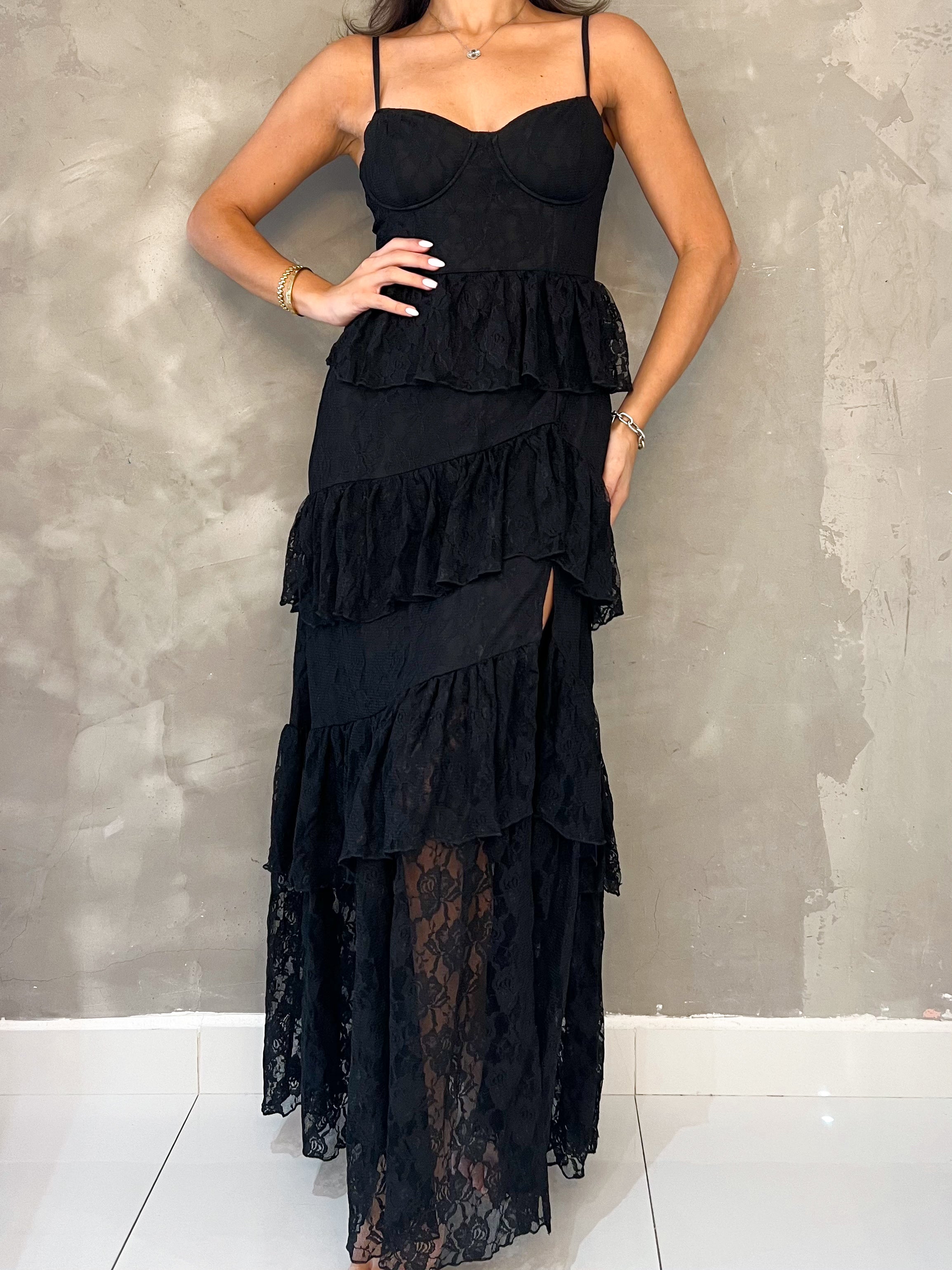 BELLA LACE TIERED RUFFLE HIGH LEG MAXI DRESS