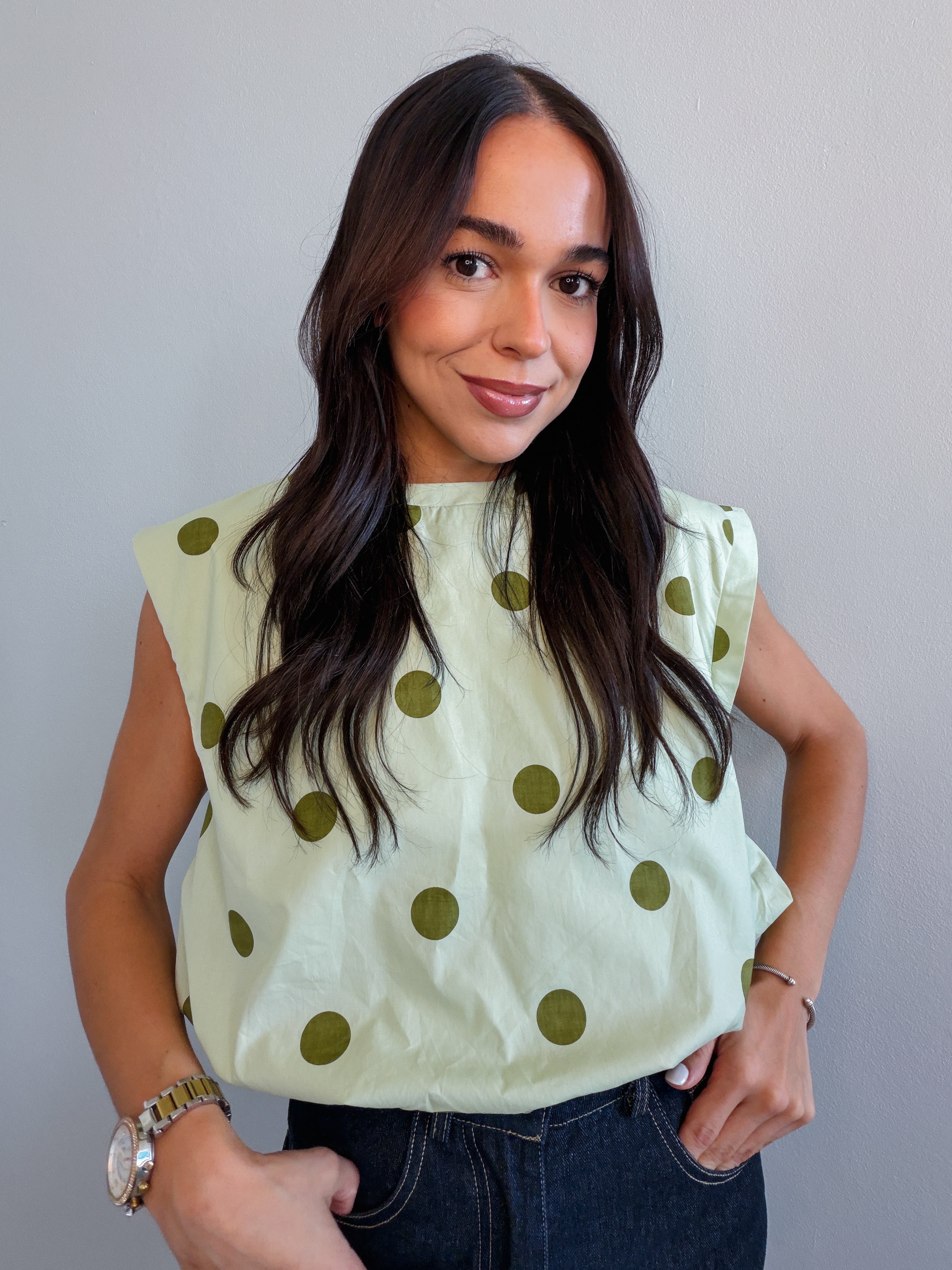GIANNA POLKA DOT BUBBLE BLOUSE IN SAGE