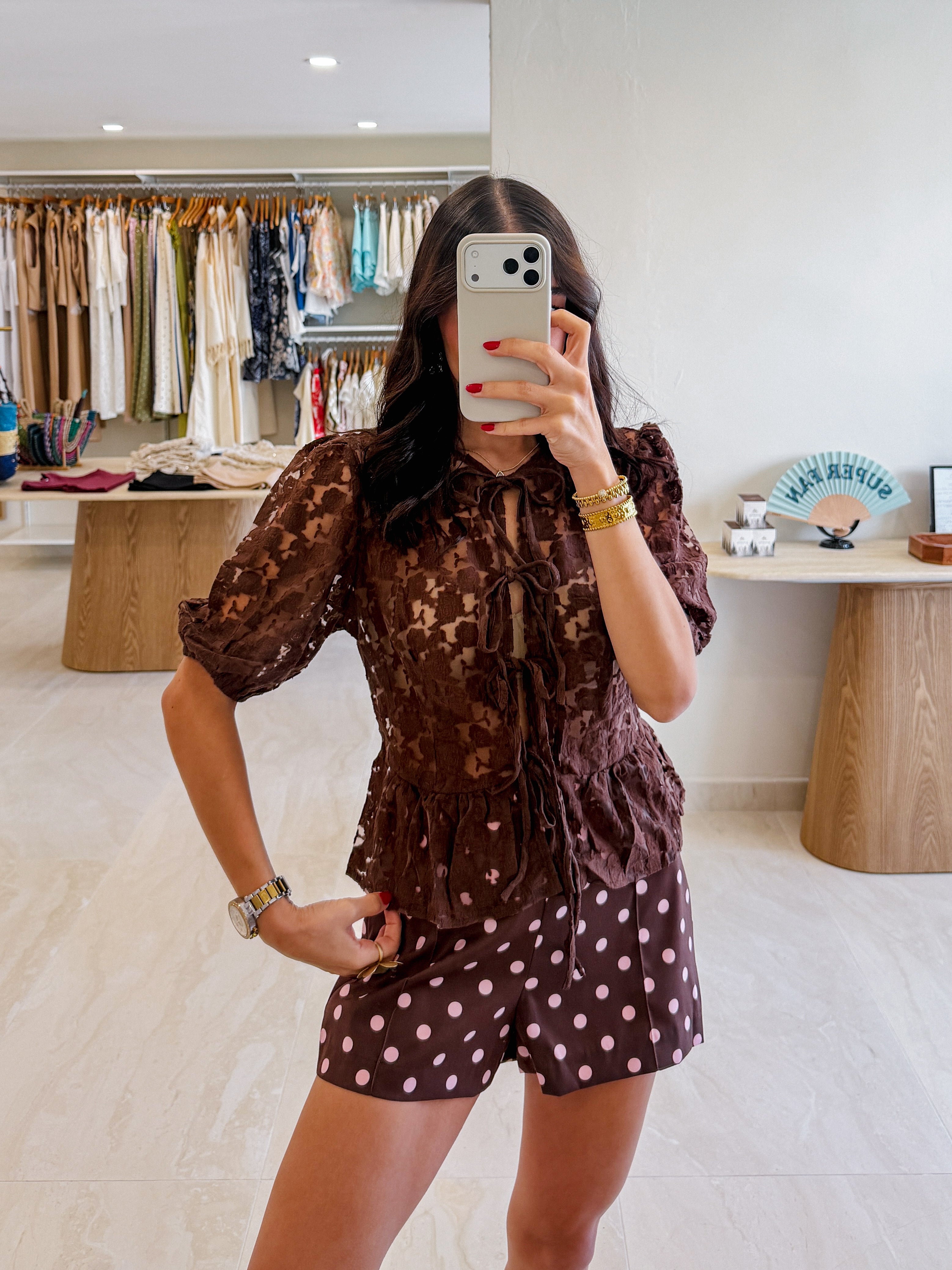 SANDRA SEMI SHEER BROWN BLOUSE