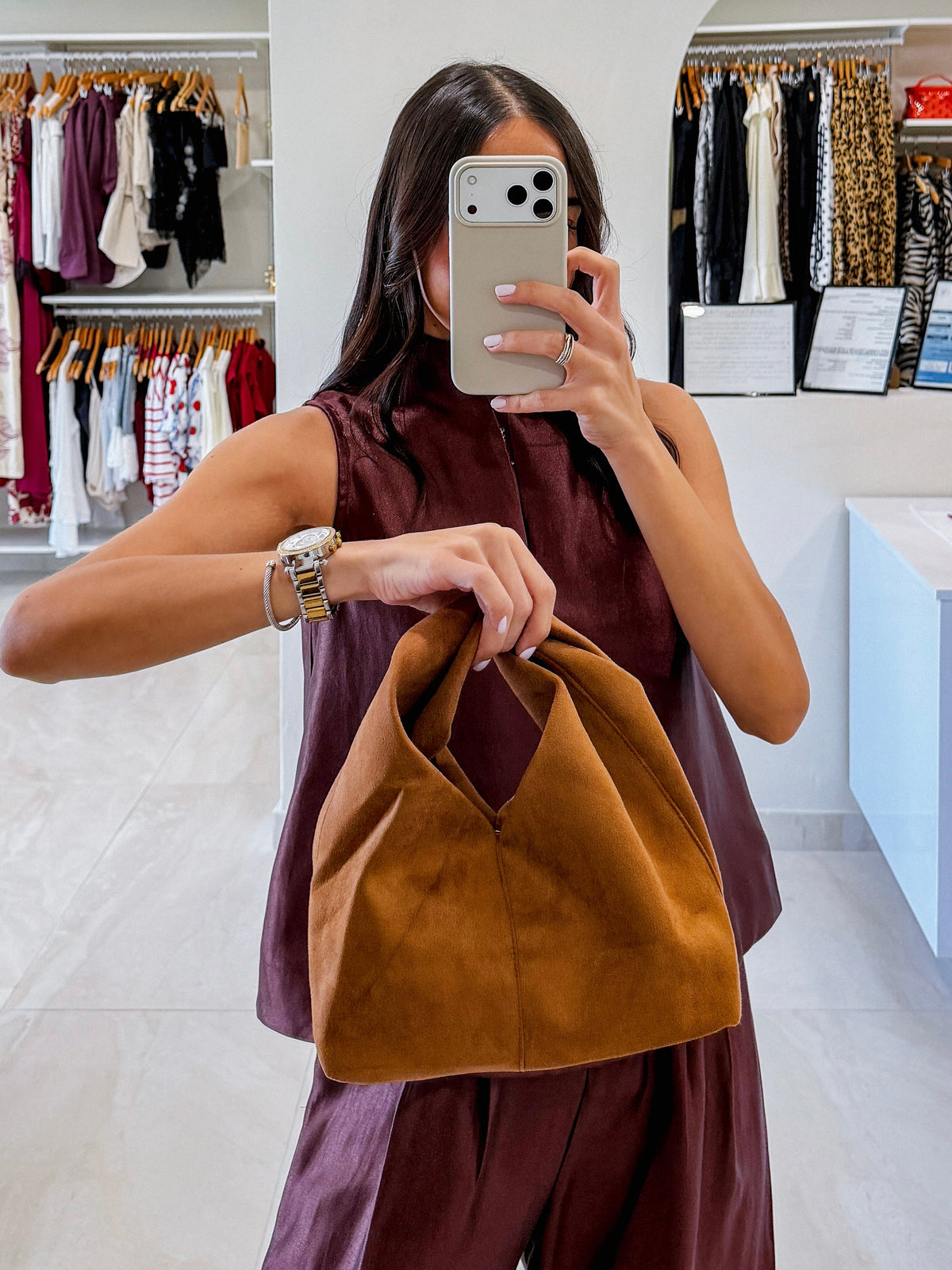 KATIANA CAMEL SUEDE HANDBAG
