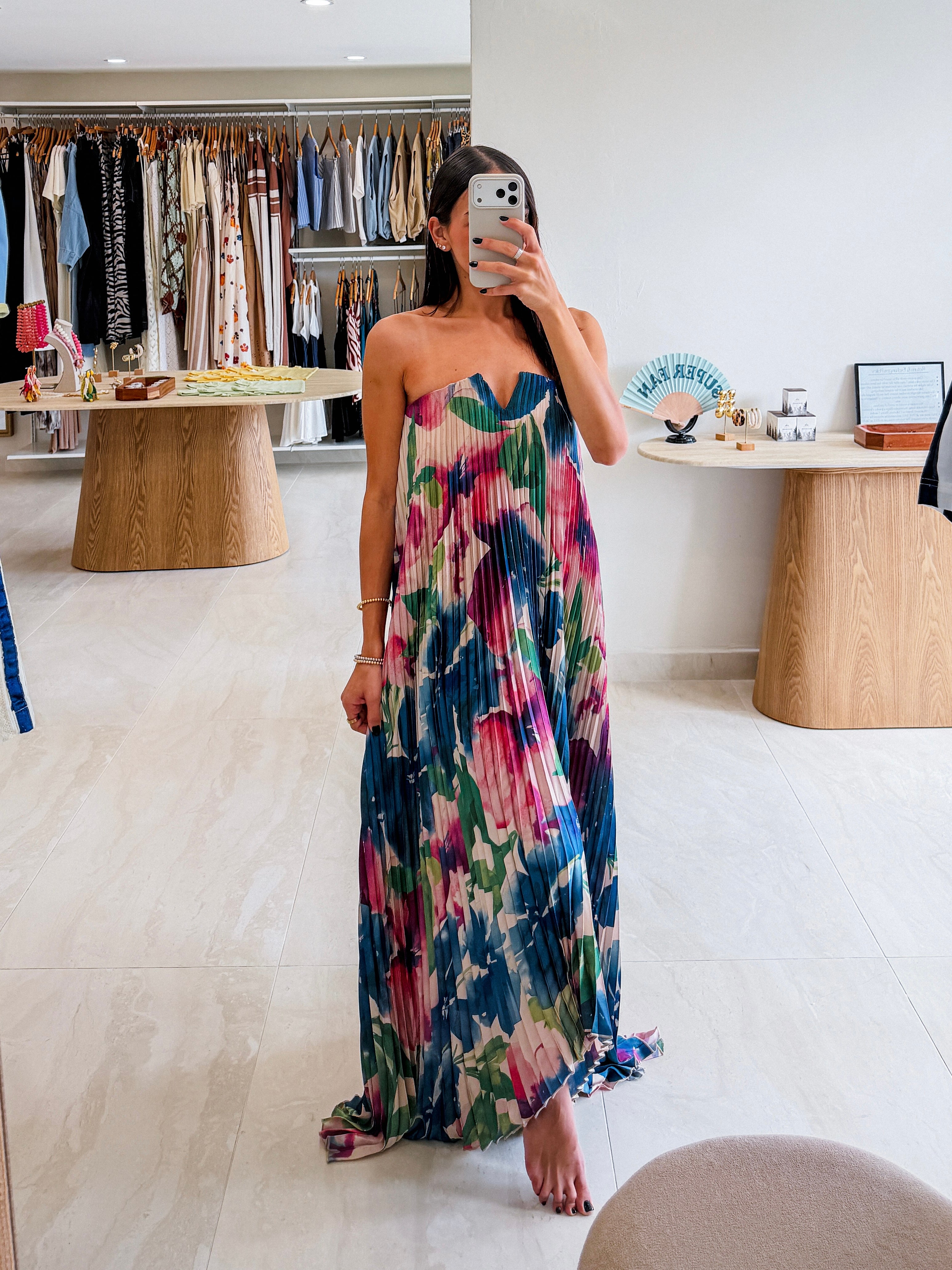 MIA PLEATED FLORAL PRINT MAXI DRESS