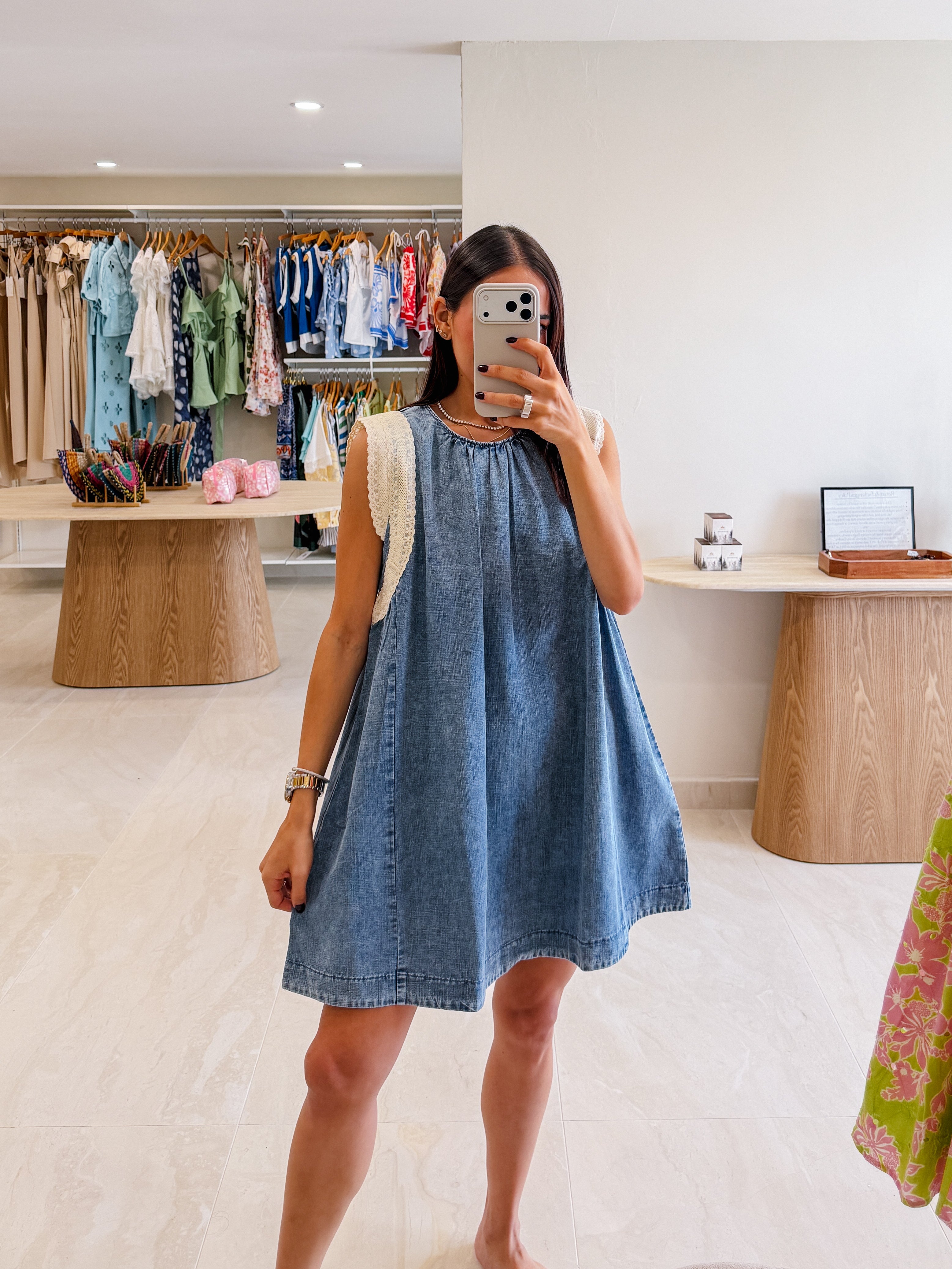 INES DARK DENIM LACE DETAIL MINI DRESS
