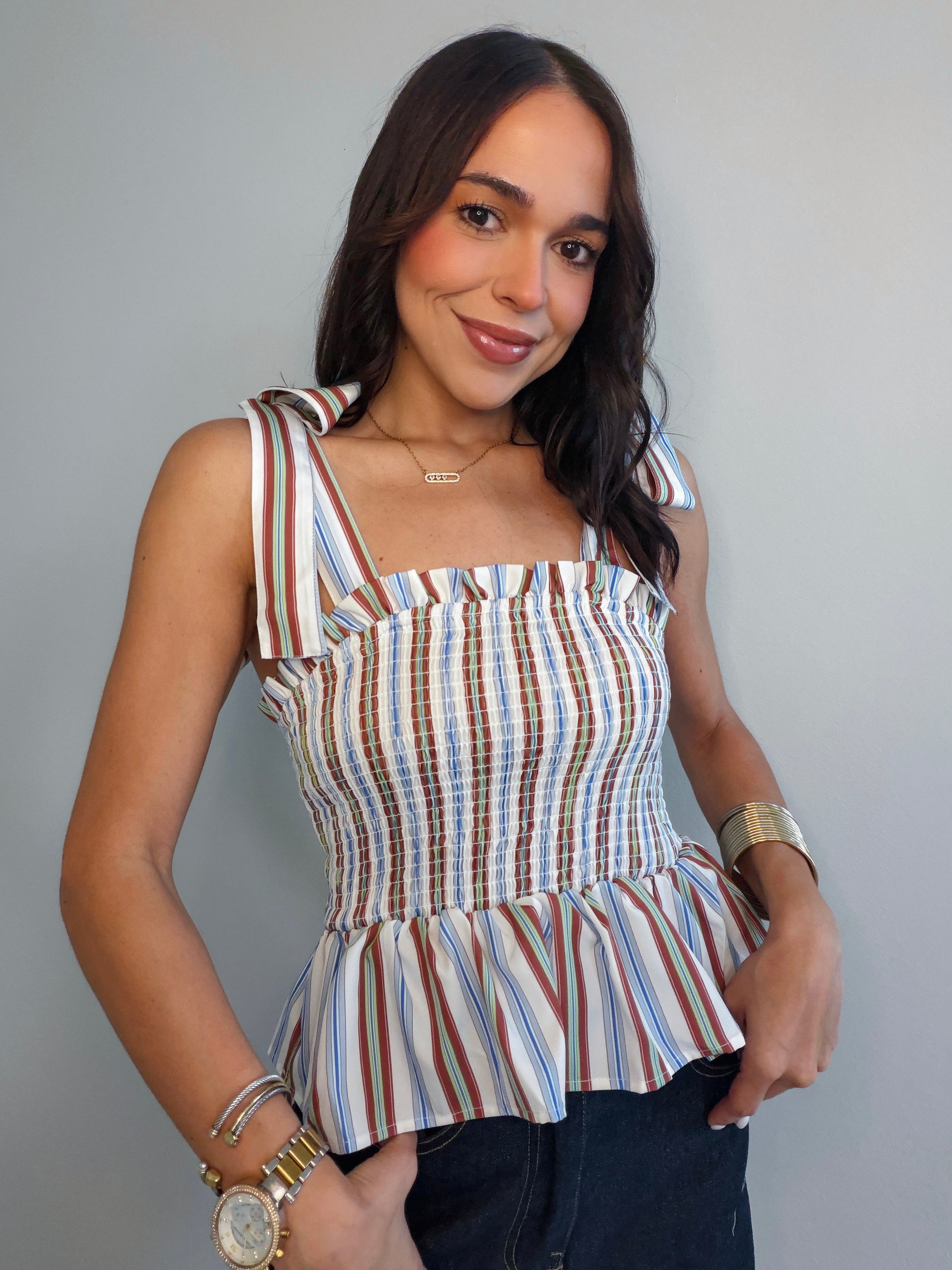 MARLA TIE STRAPS RUCHED PEPLUM TOP