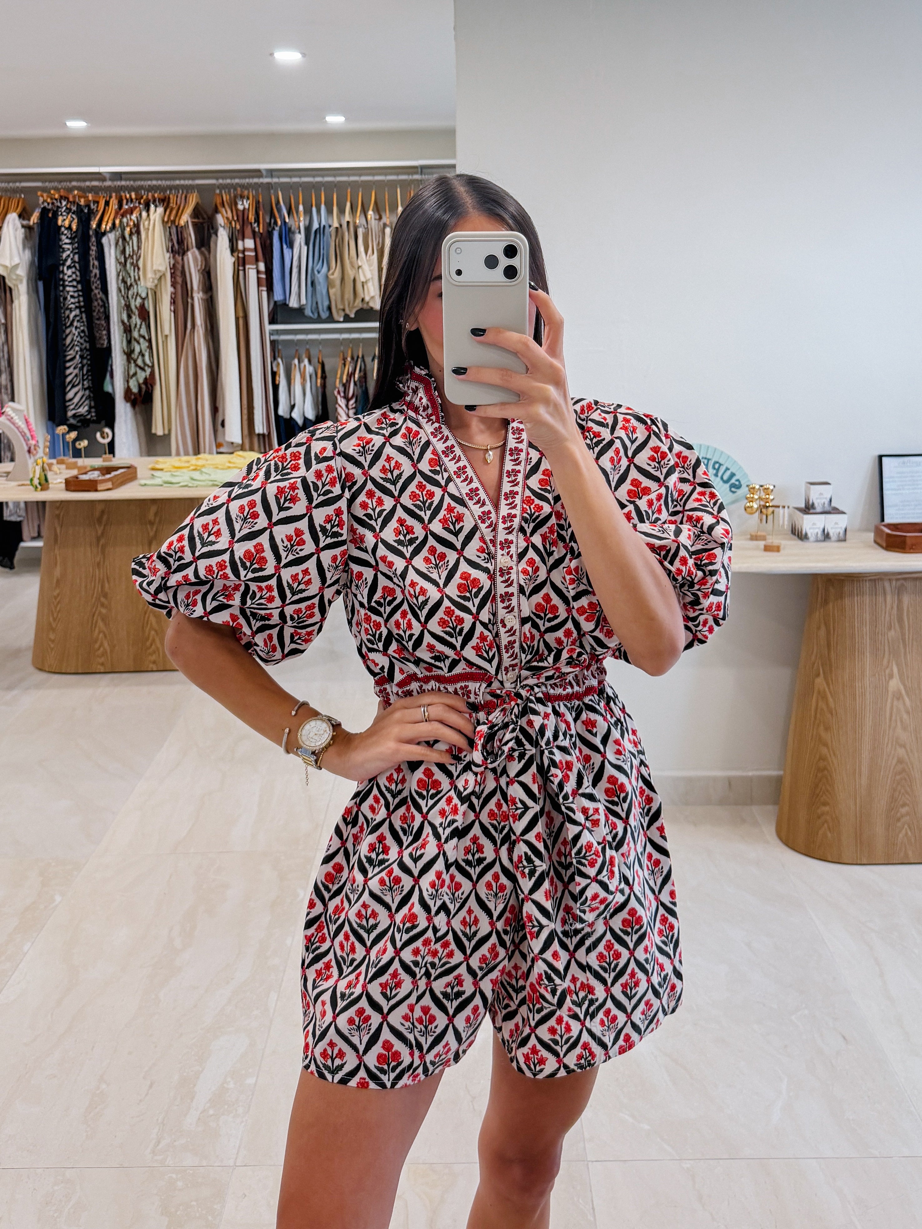 MONICA RED RUFFLE NECK PUFF SLEEVE ROMPER