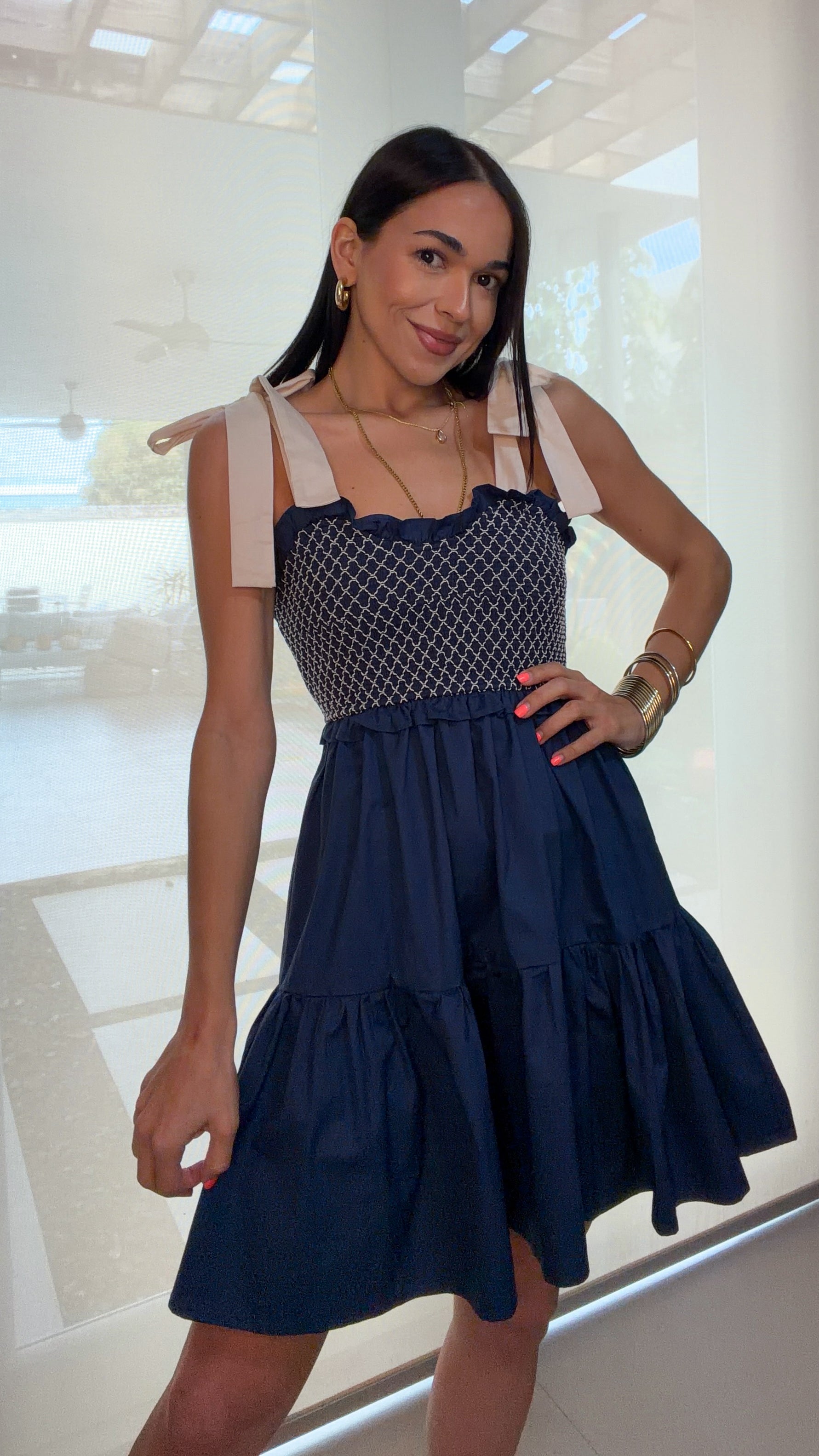 CELINE SMOKE TIERED NAVY DRESS