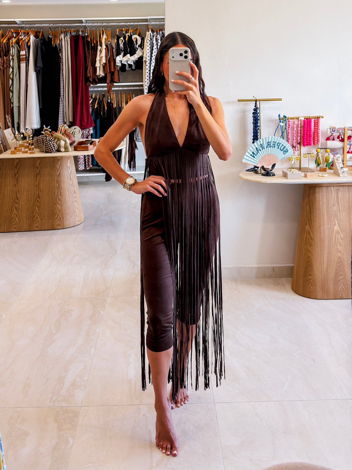 DARIA FRINGE TOP AND CAPRI PANTS SUEDE SET
