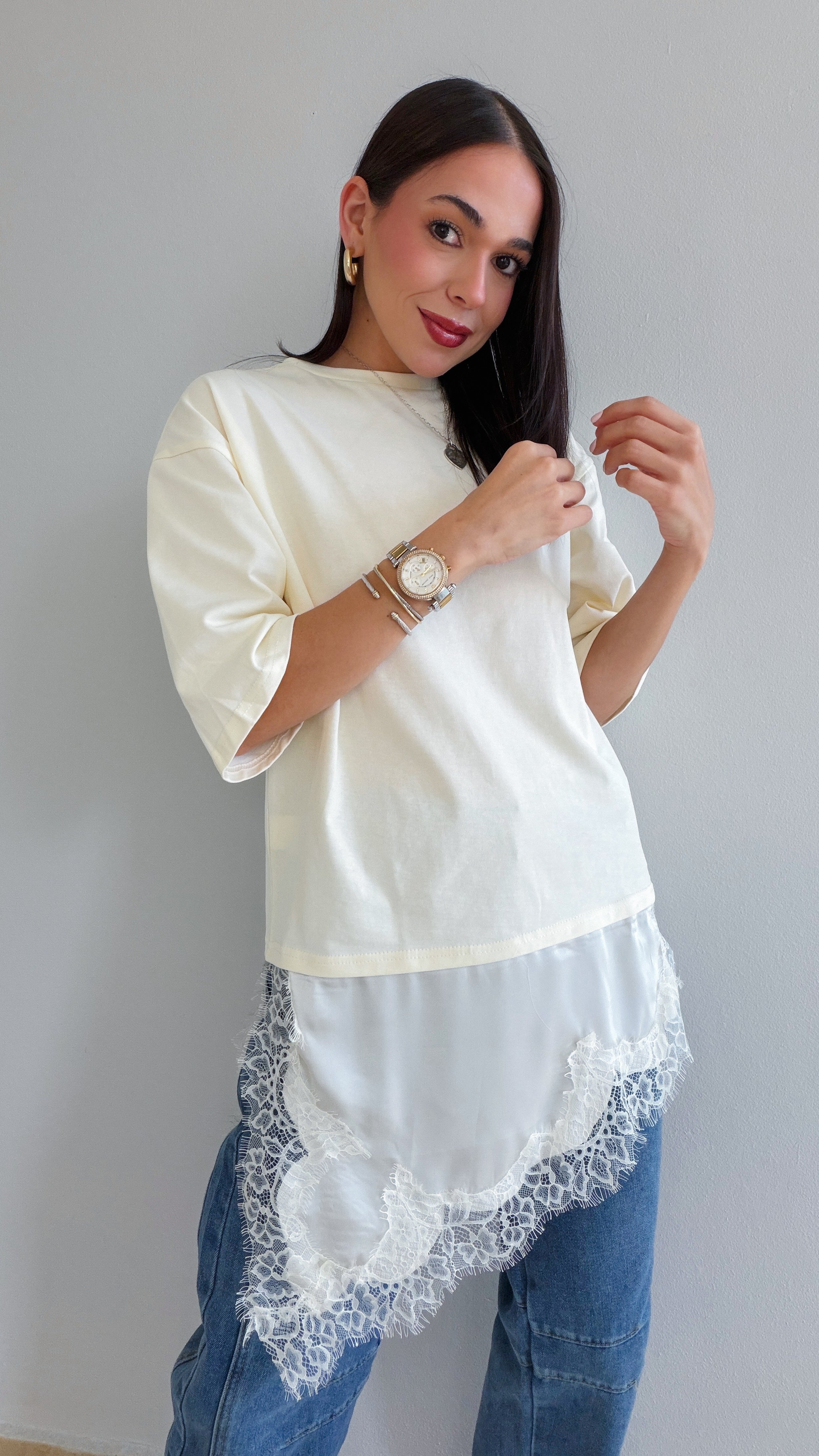BECCA LACE DETAIL TEE IN IVORY