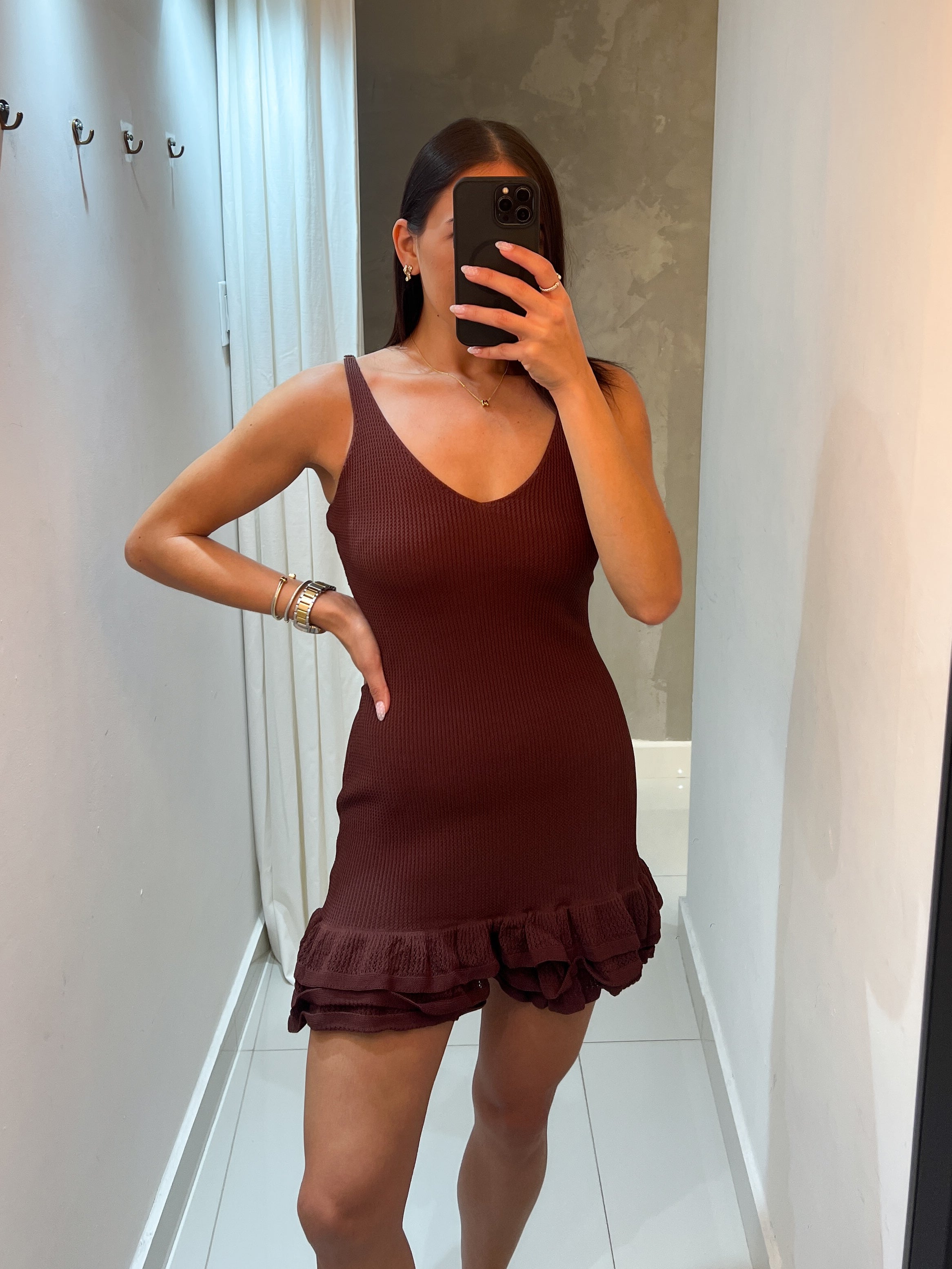 NORA RUFFLE HEM BROWN MINI DRESS