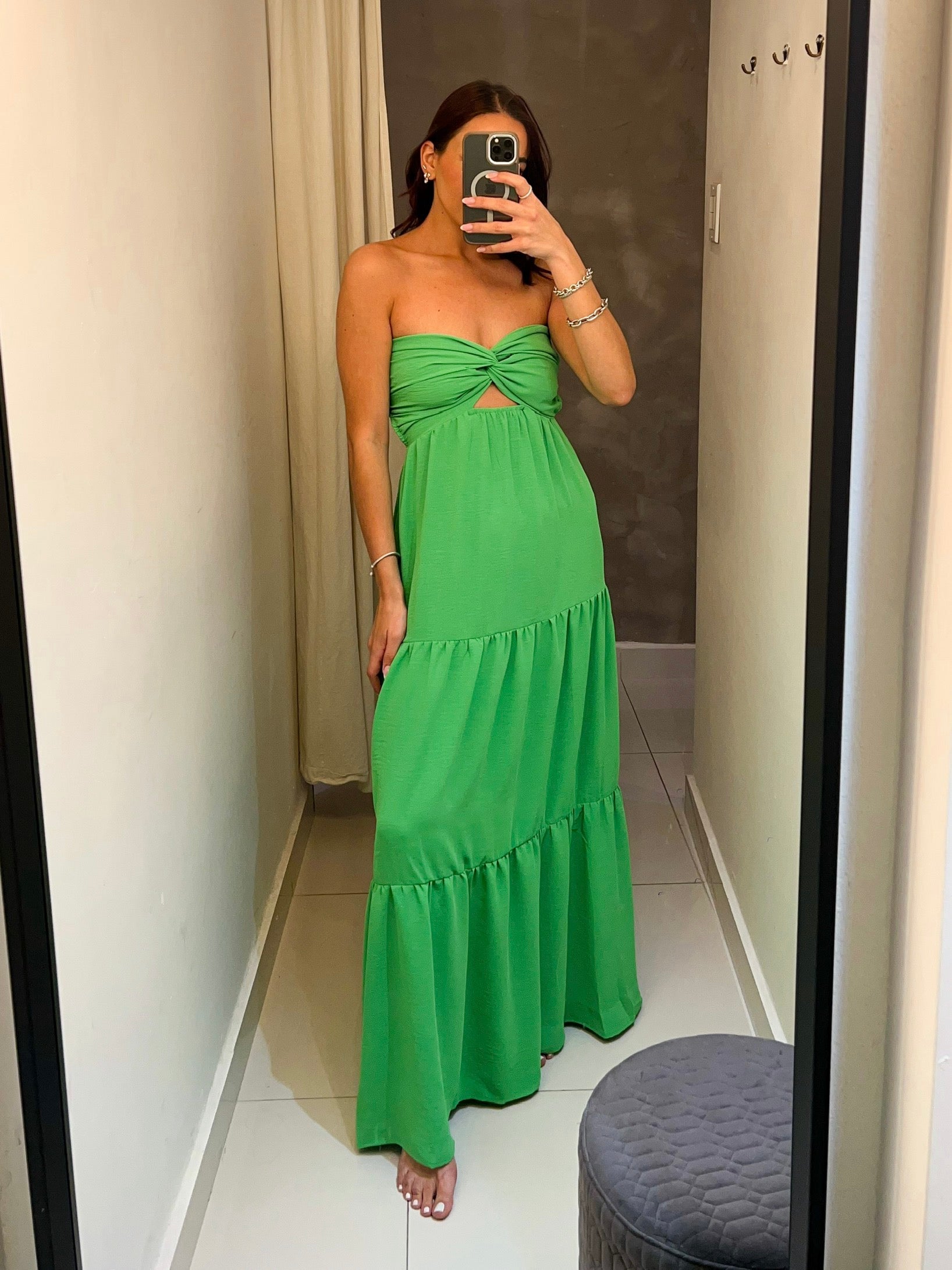 CASSANDRA KELLY GREEN STRAPLESS MAXI DRESS