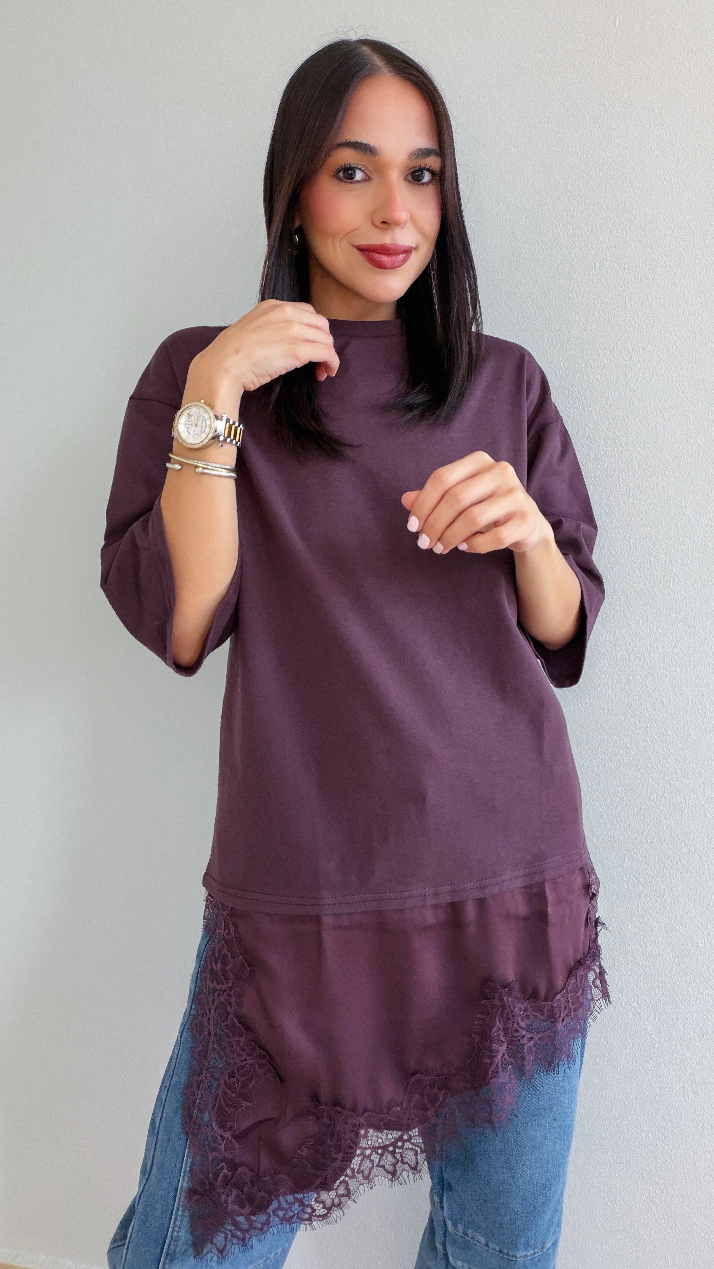 BECCA LACE DETAIL TEE IN CHOCOLATE BROWN