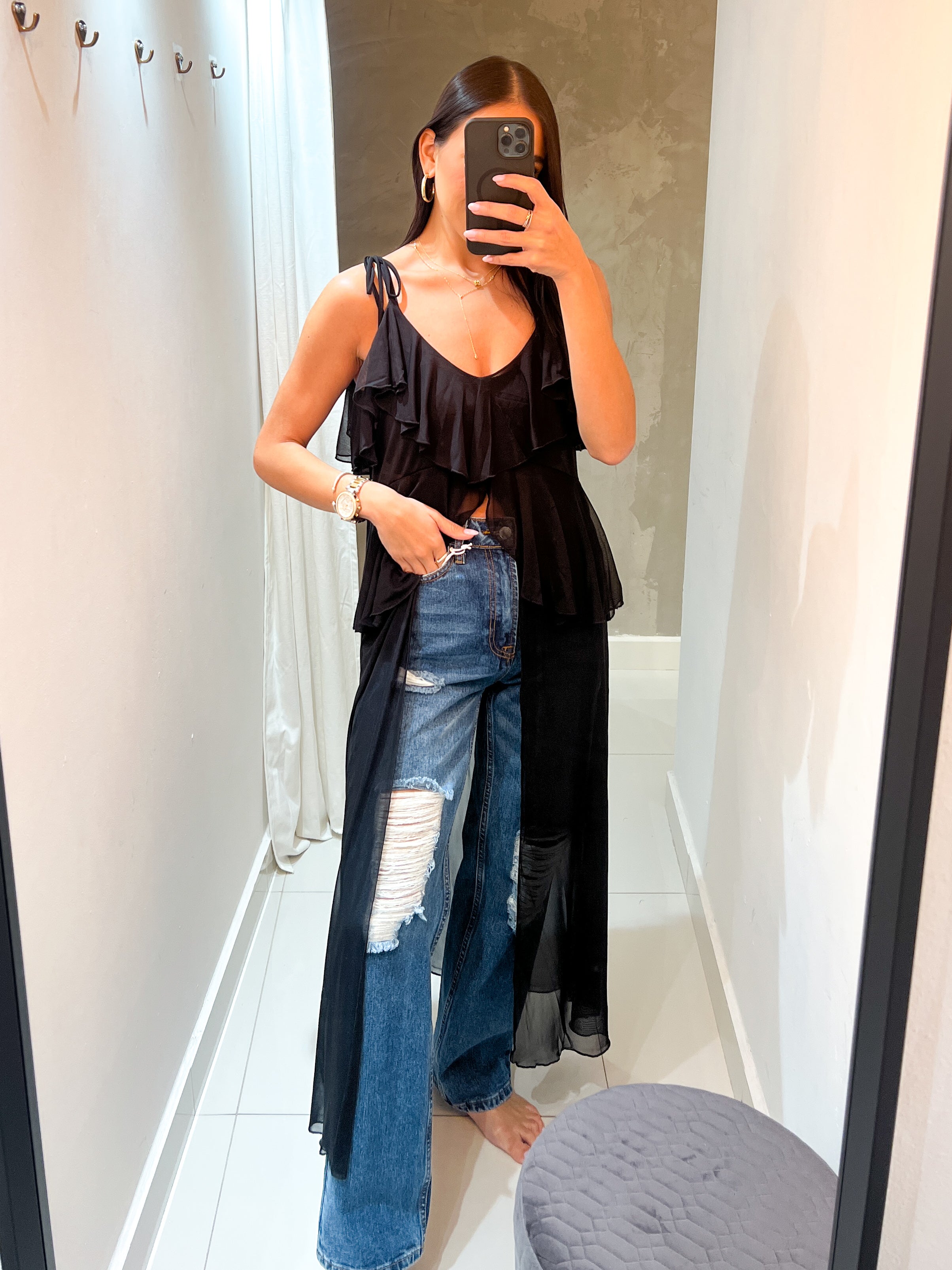 TAMARA MESH RUFFLED BLOUSE IN BLACK
