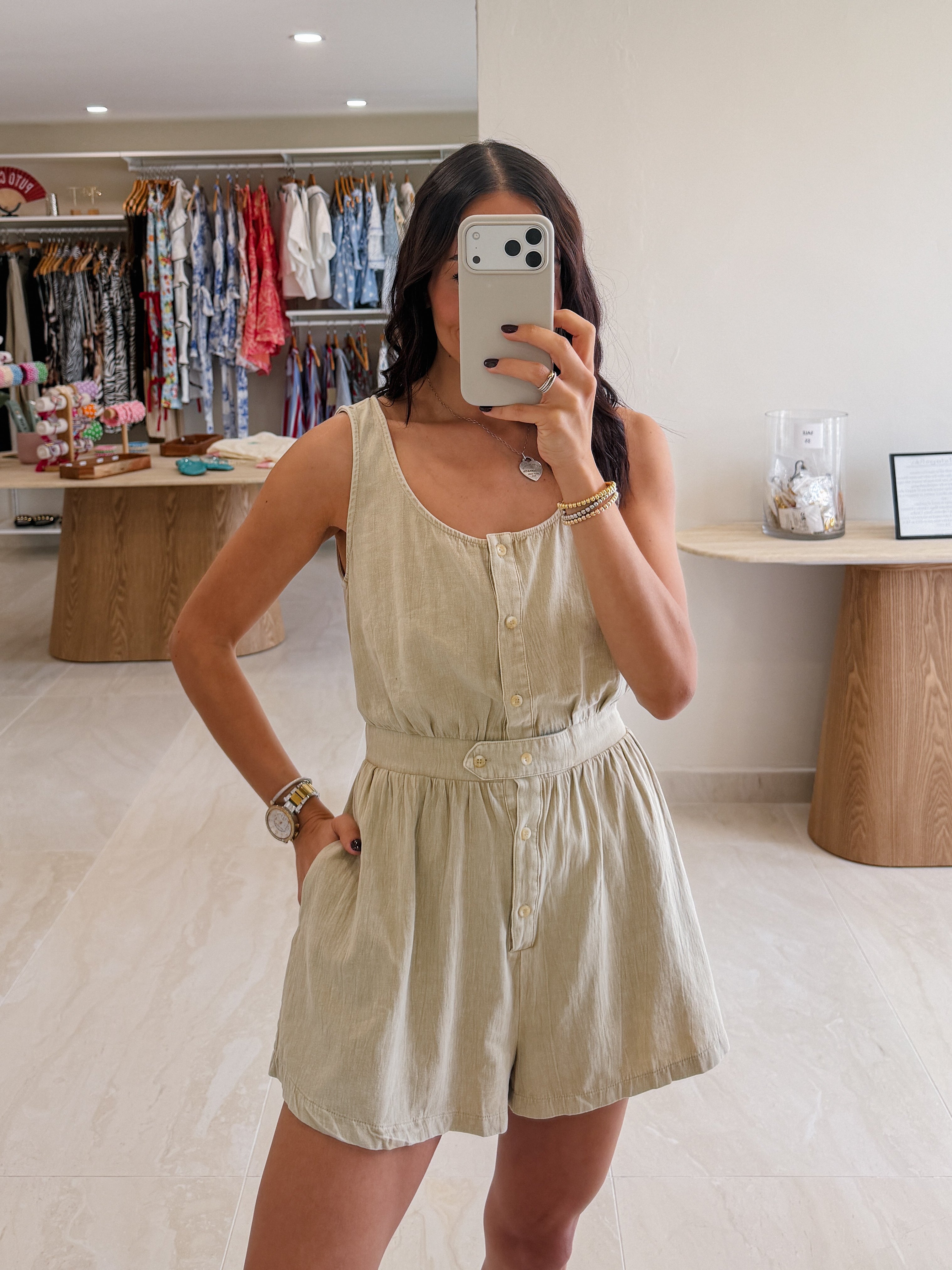 FARAH BUTTON FRONT ROMPER IN LIGHT TAUPE
