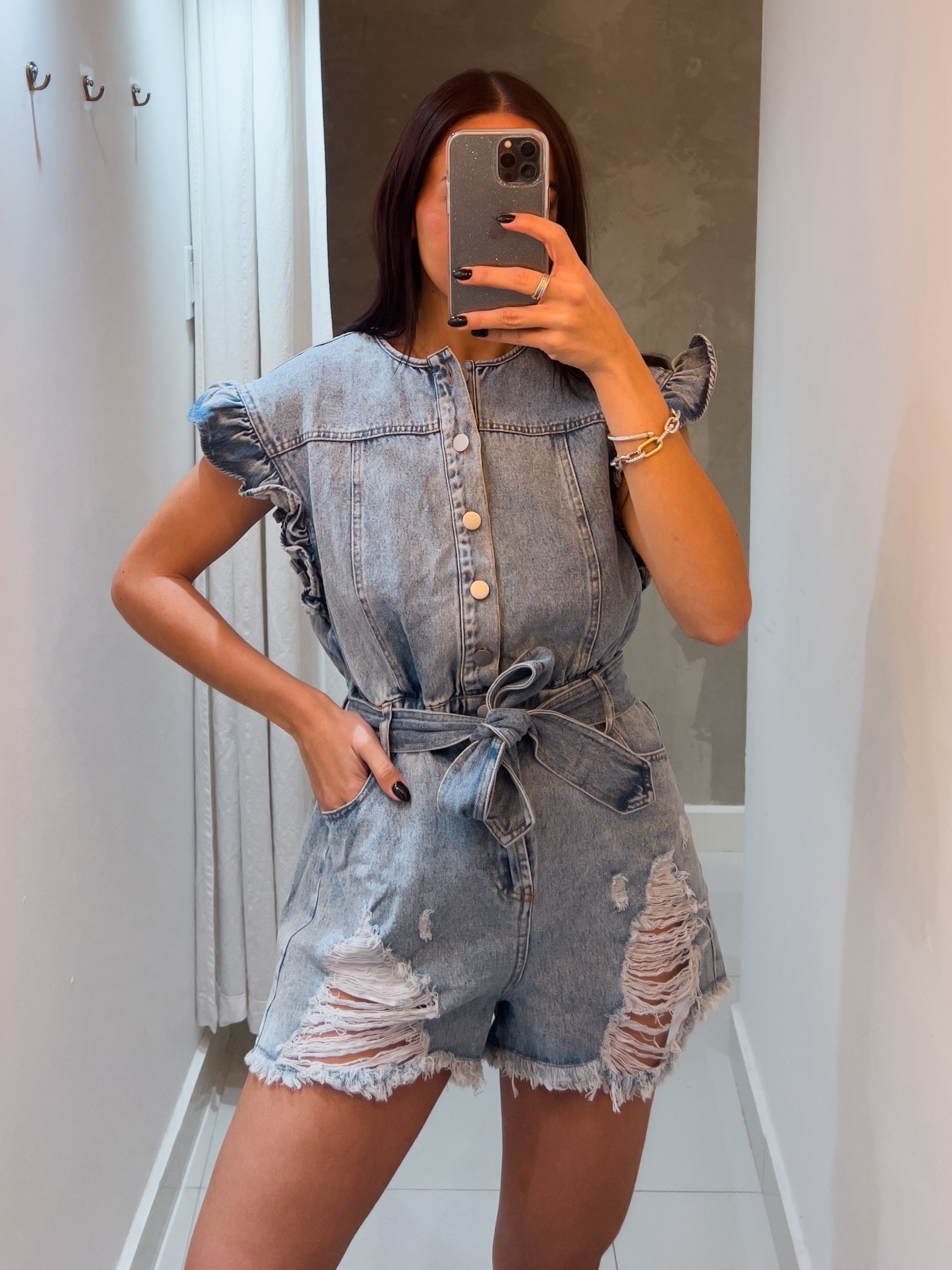 MAYTE DISTRESSED DENIM OVERALL