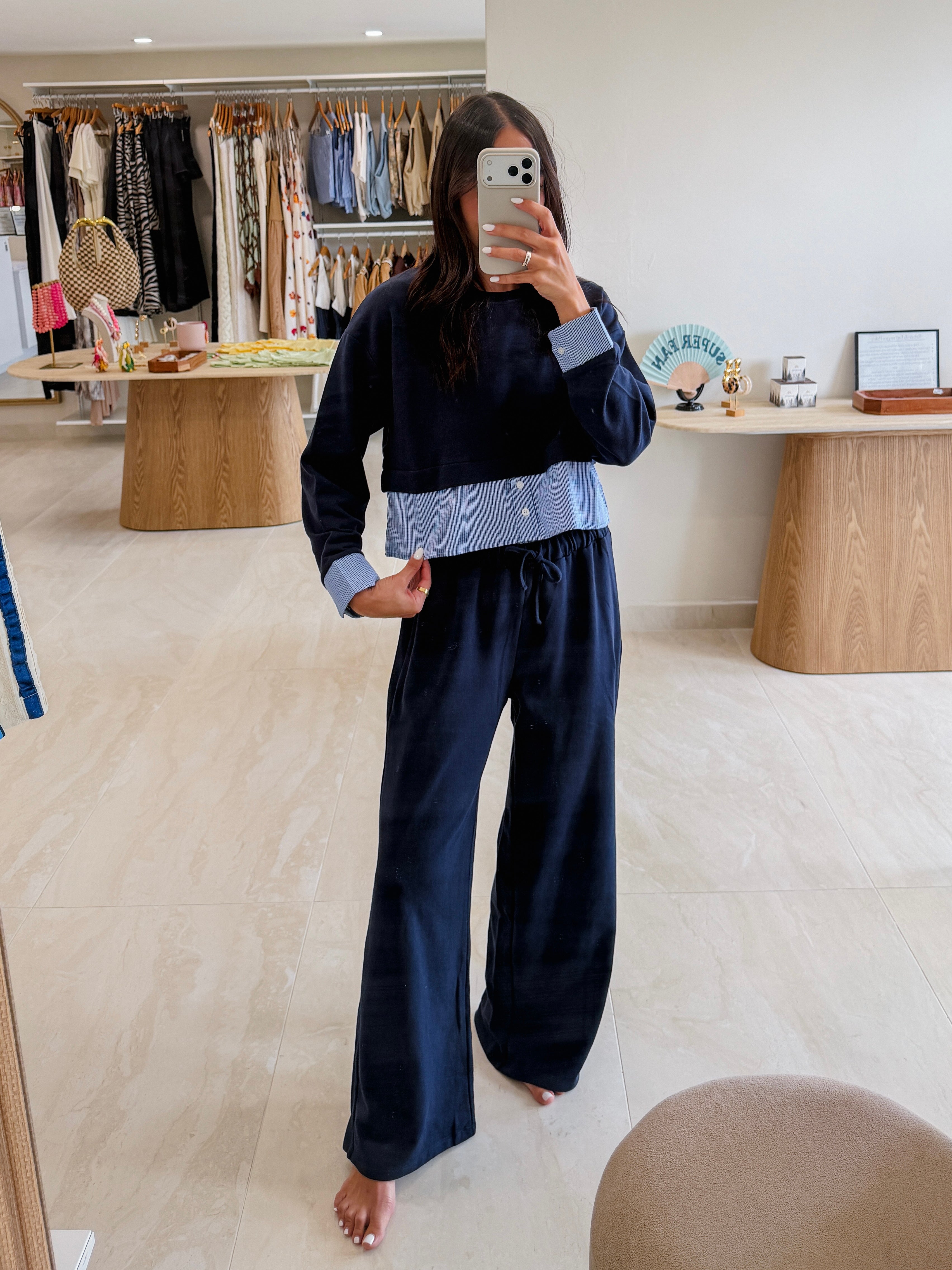 HEATHER NAVY CONTRASTING SWEATSHIRT LOUNGE SET